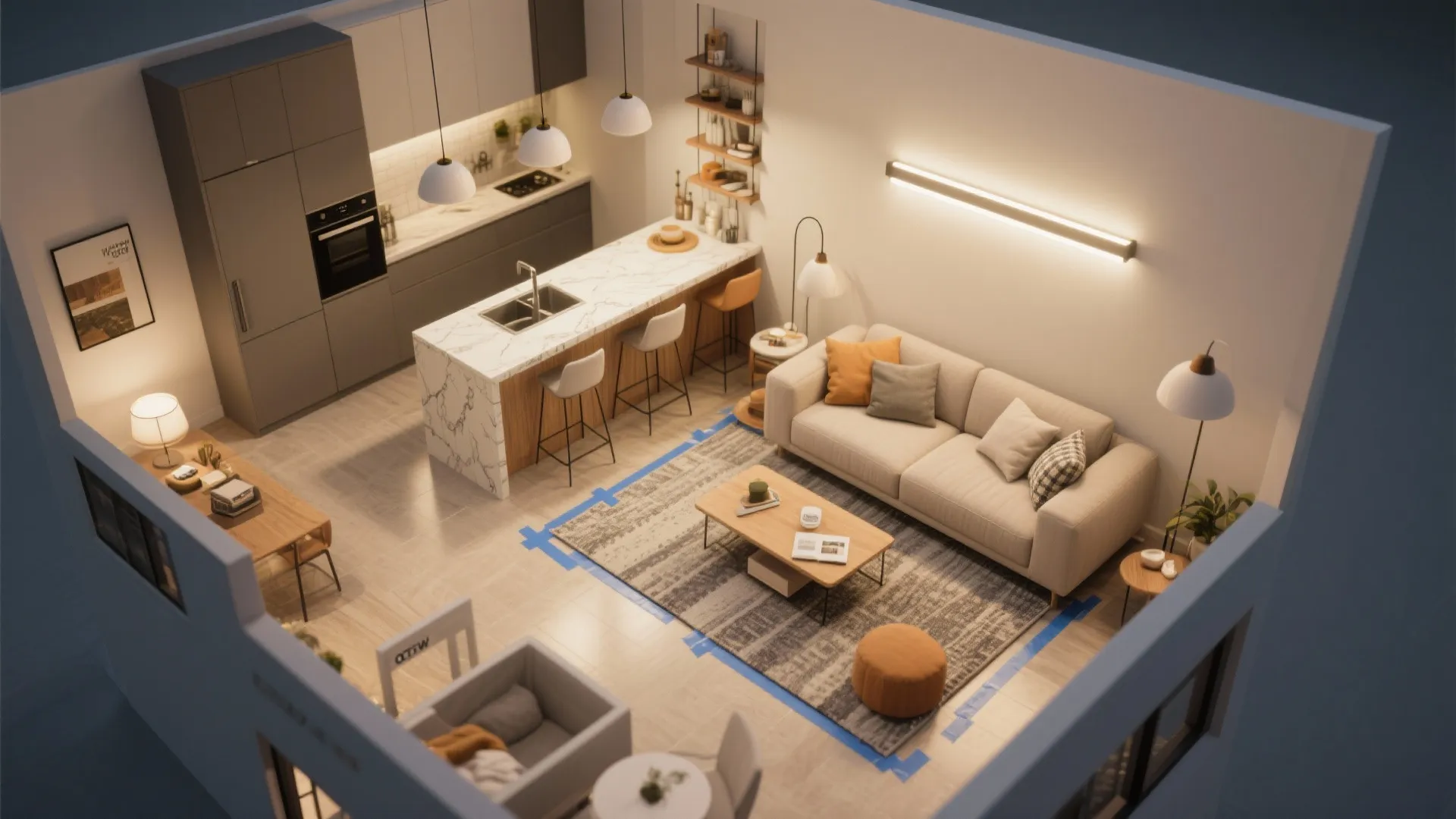 Interior design drawing showing studio layout with kitchen island white sofa rug and orange footrest