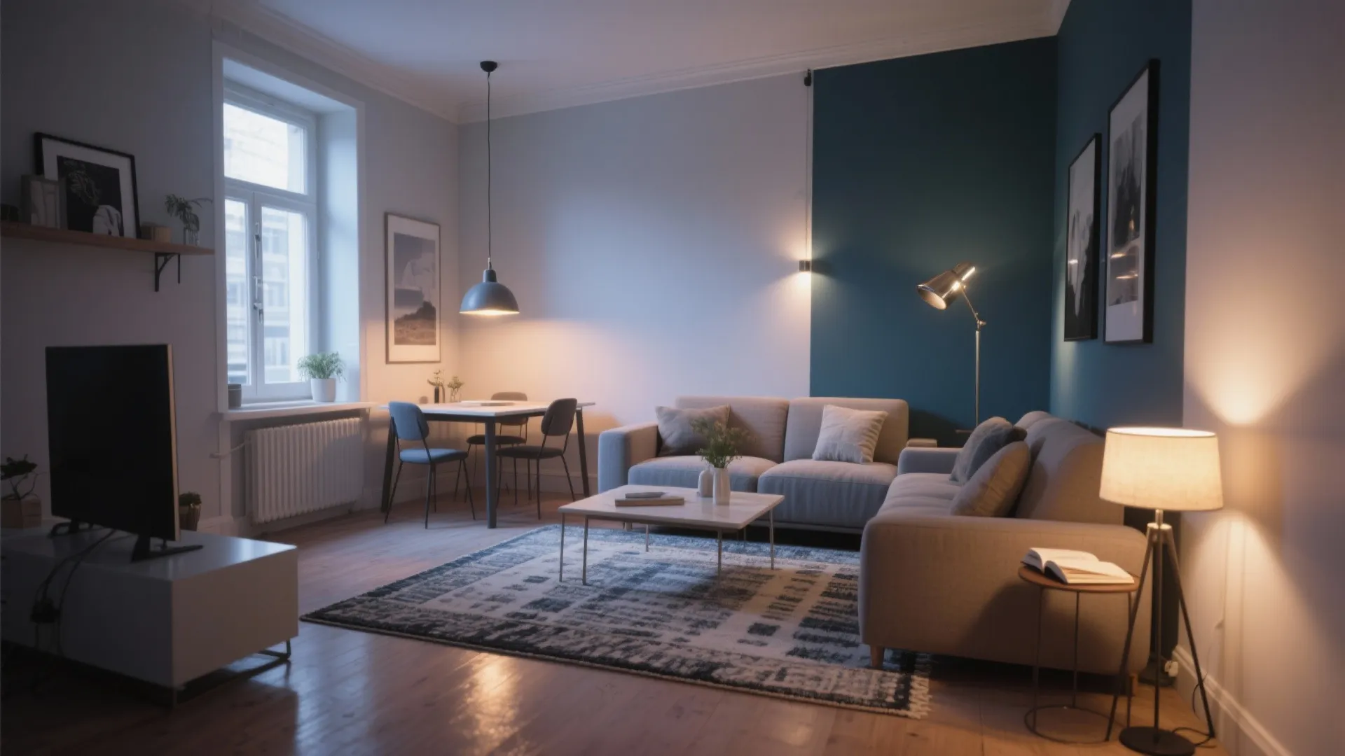 Modern living room featuring grey sofa grey rug blue wall and several warm light fixtures