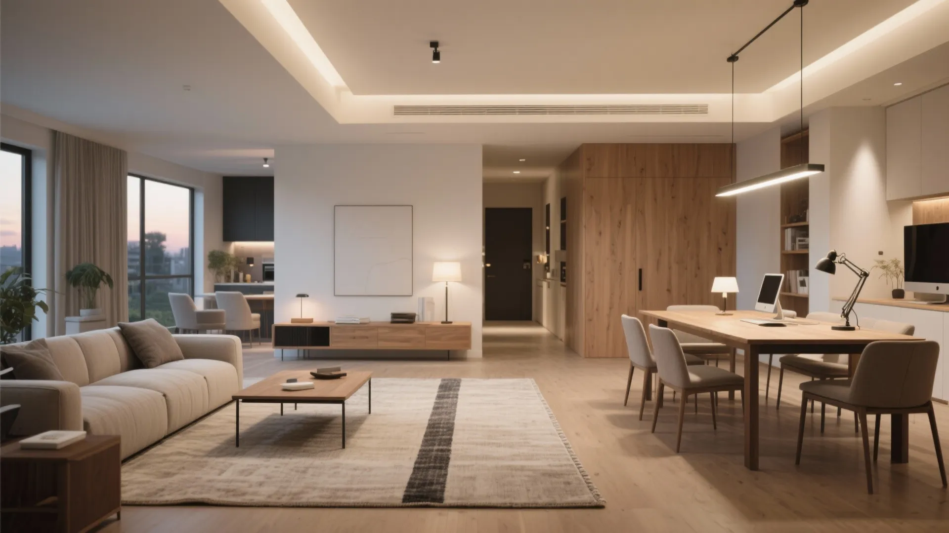 Small-space zoning with rugs and lighting