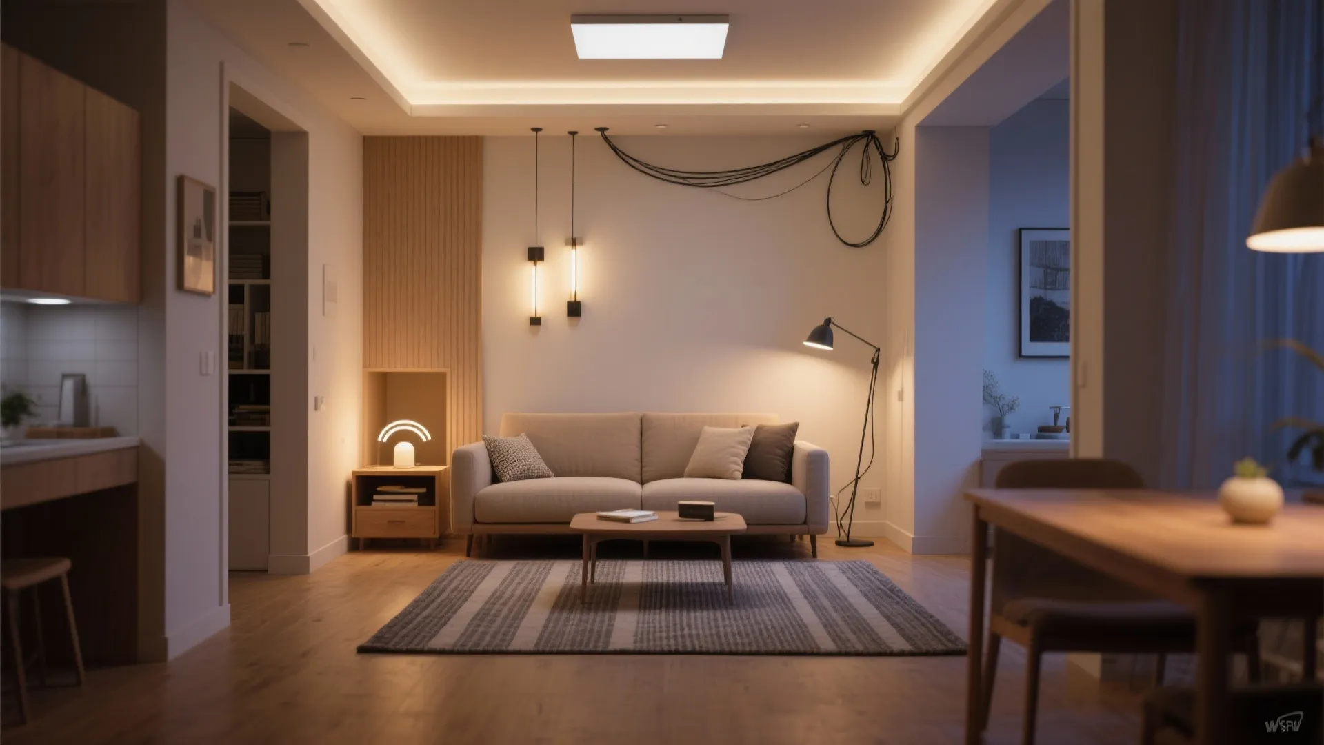 Modern living room with beige sofa striped rug floor lamp wall lights and warm ceiling light