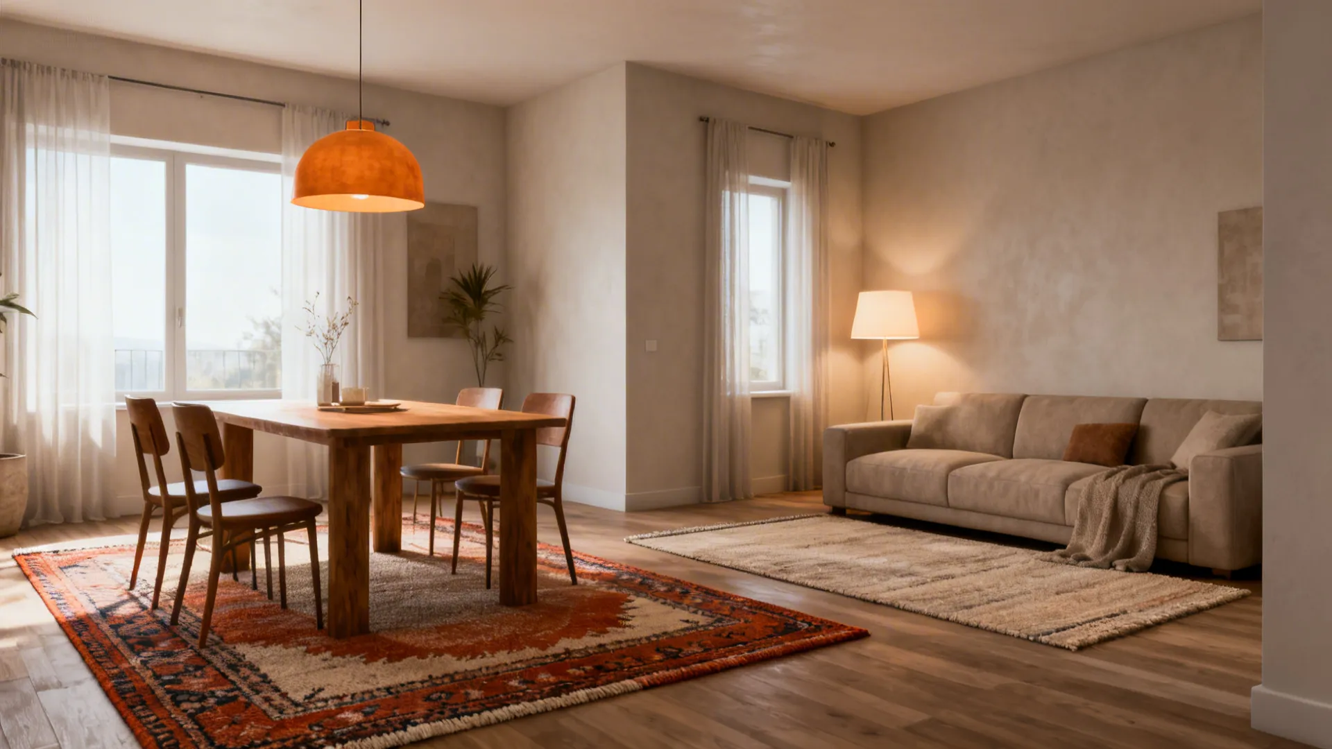 Dining area with wooden table orange ceiling light patterned rug and beige sofa in background
