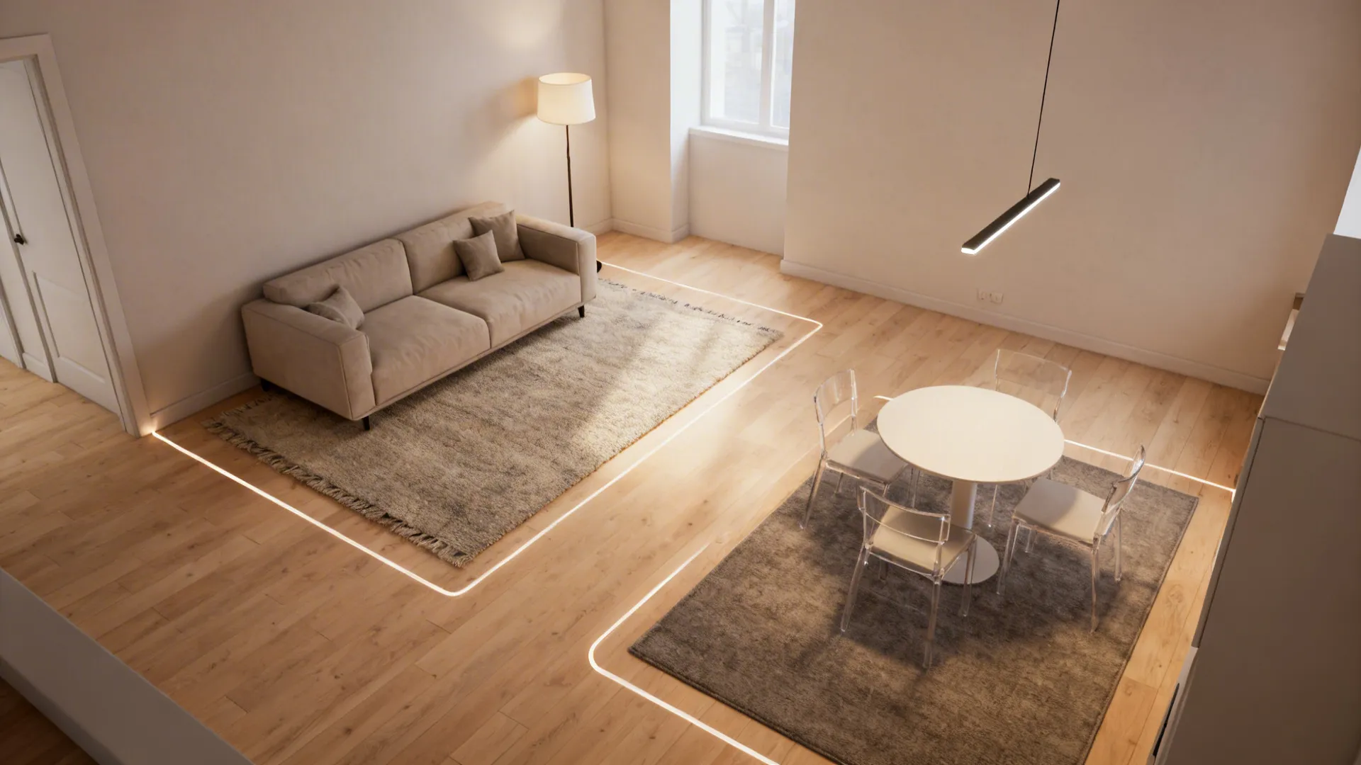 3. Visual zoning with rugs and lighting