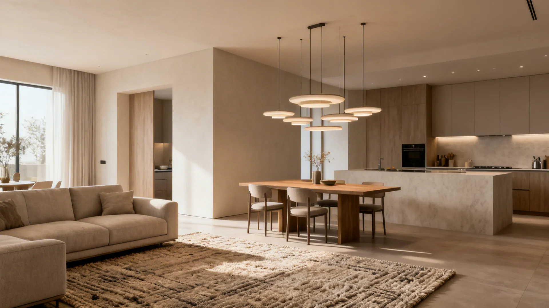Living and kitchen zones separated by a rug and layered pendant lights in an open plan interior