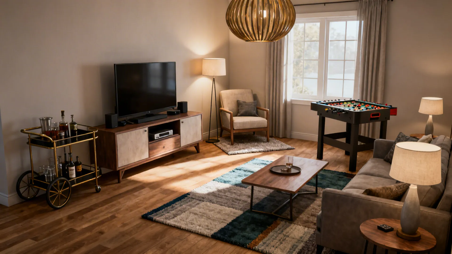Small living room with rugs and layered lighting defining TV, reading, and bar zones.