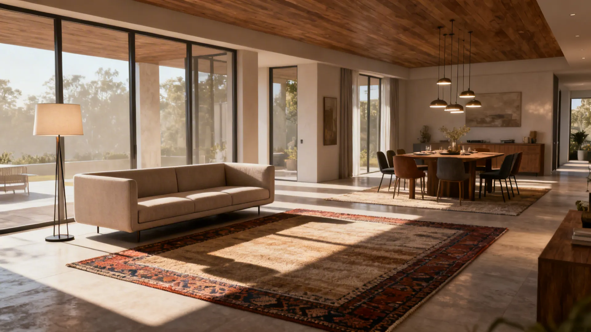 Modern living room layout with tan sofa large rug floor lamp and wooden dining table