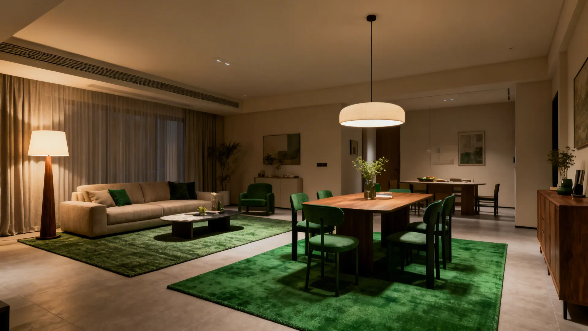 Living and dining zones defined by contrasting rugs and distinct lighting