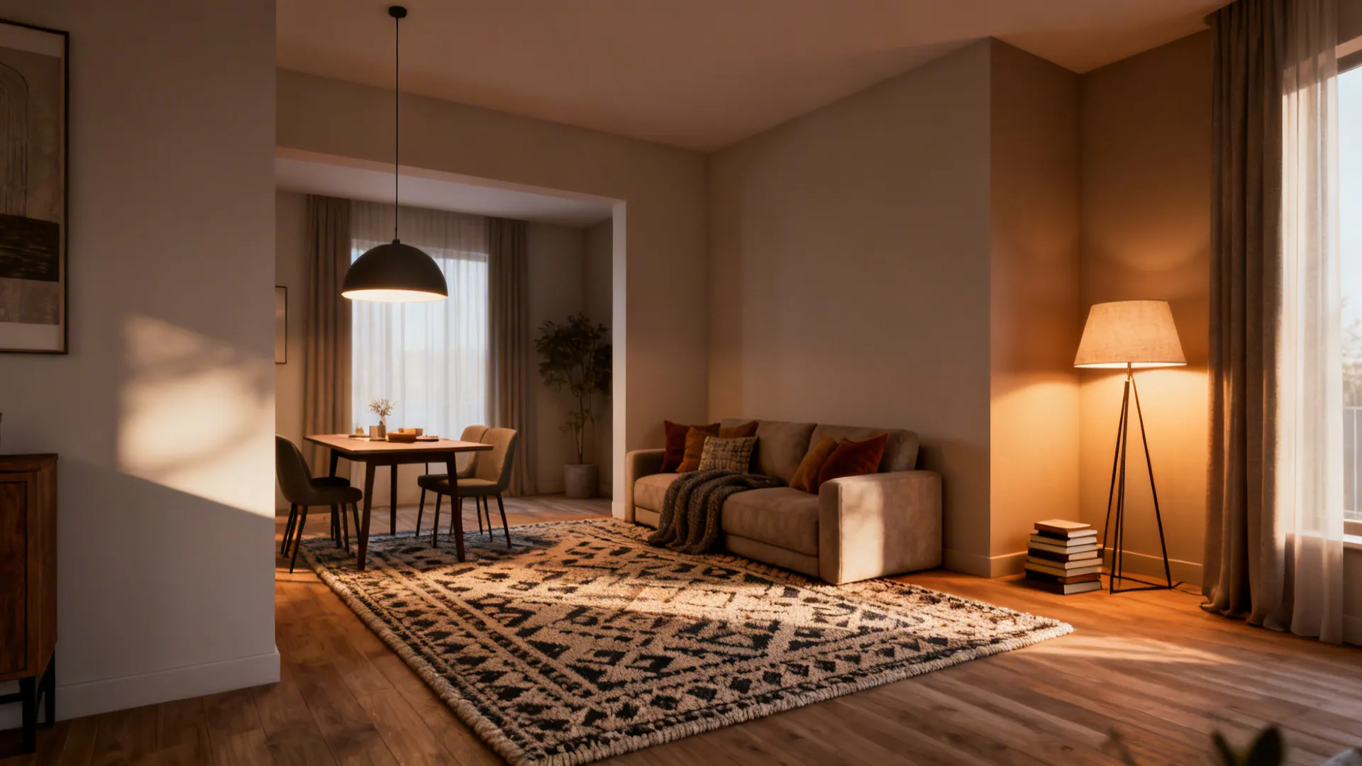 Living area zoned by a textured rug and layered lighting including a pendant and floor lamp.