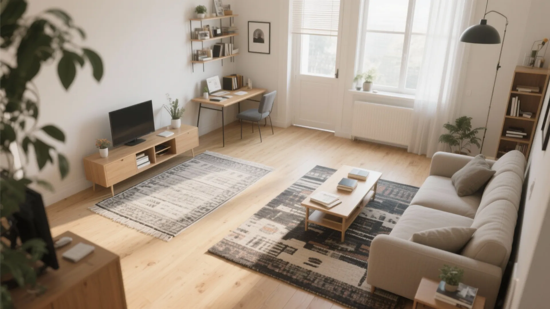 Bright living room featuring two patterned rugs on wooden floors with sofa desk and cabinet
