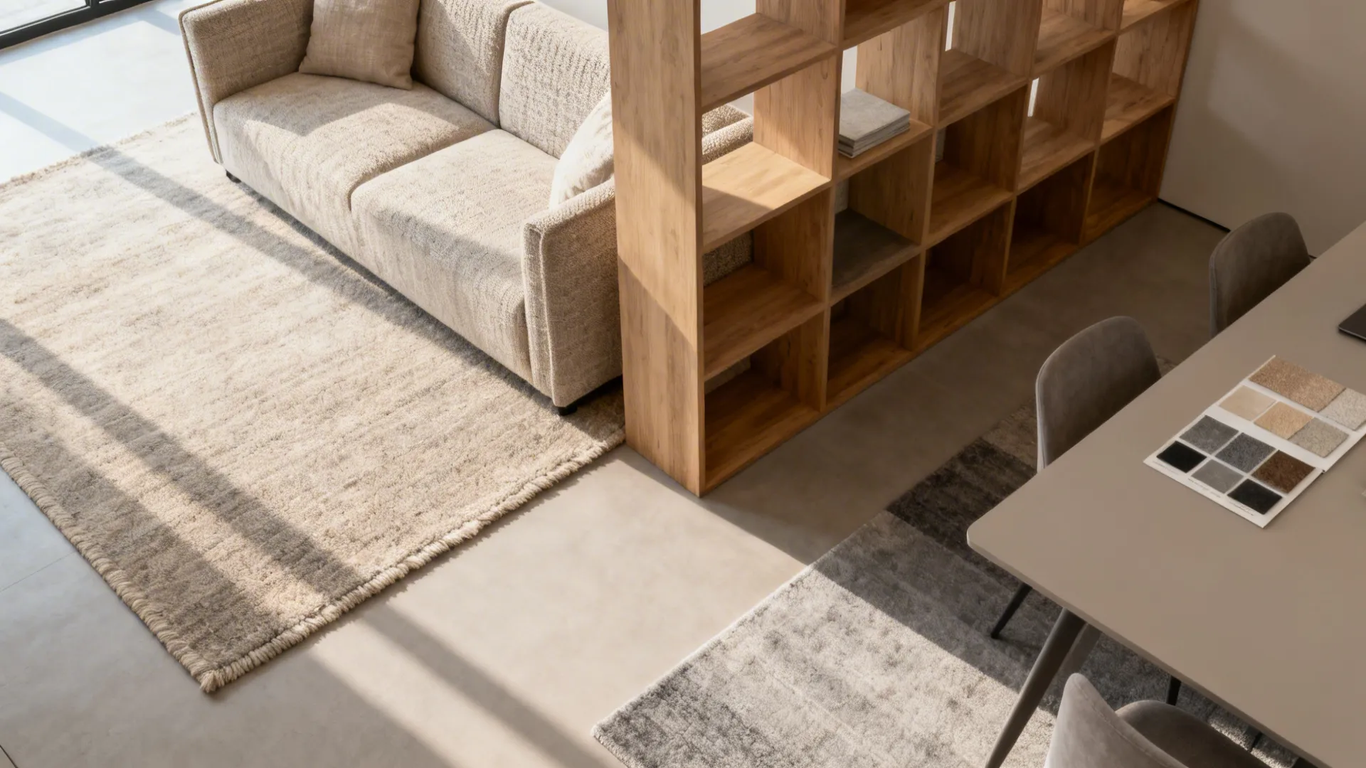 Modern living room featuring beige sofa, textured rug, wooden shelf divider, and sunlit dining room