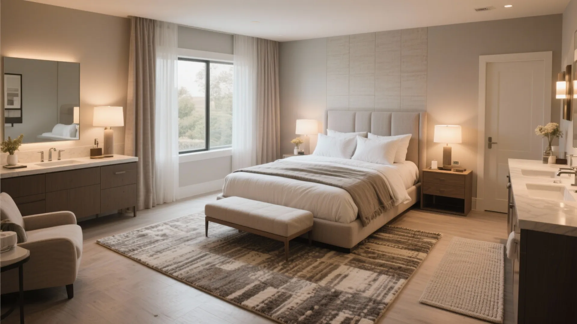Master bedroom with large patterned rug under bed and small floor mat by bathroom vanity sinks