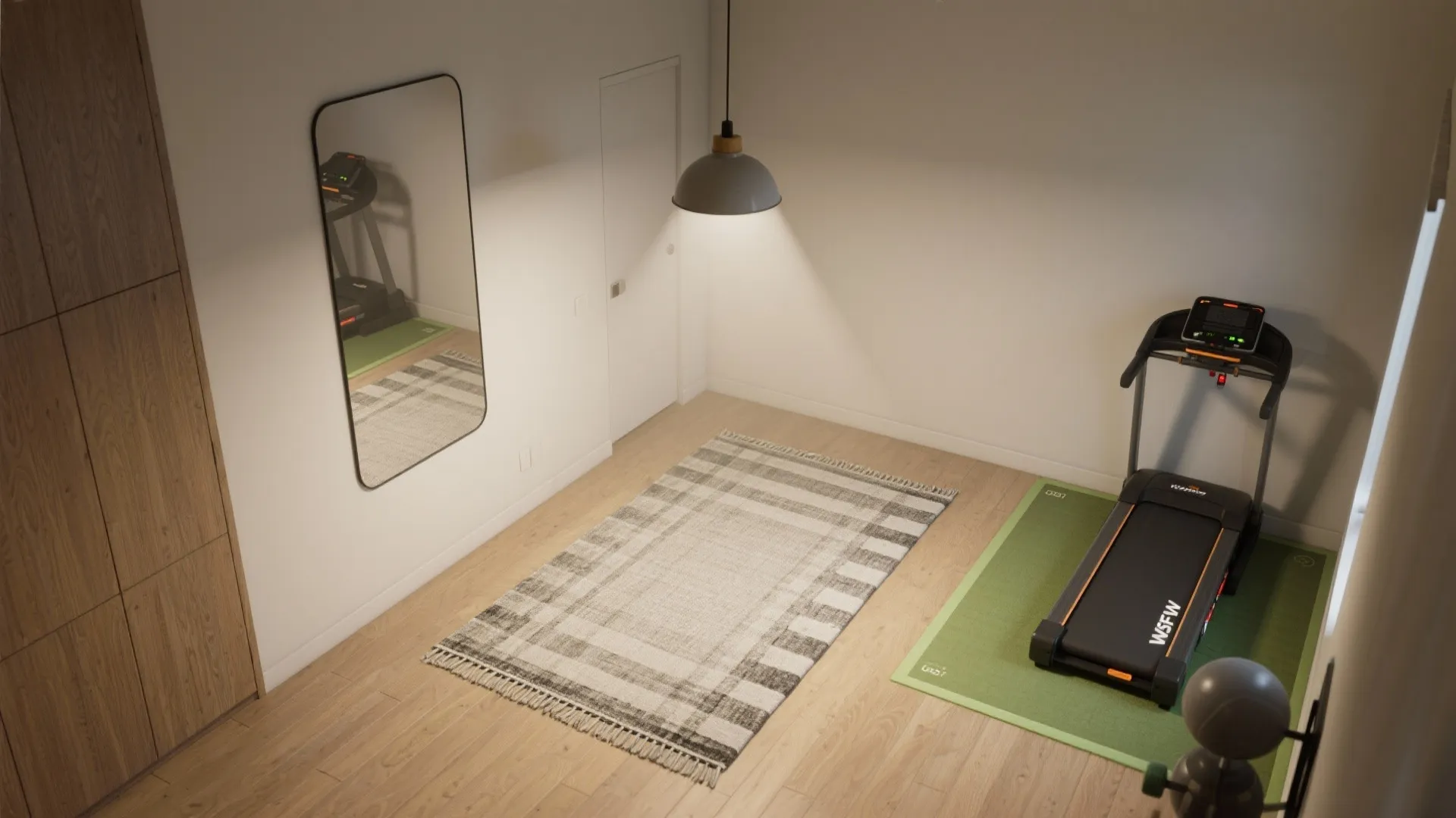 Home gym room layout with floor rug wall mirror ceiling light and treadmill on green mat