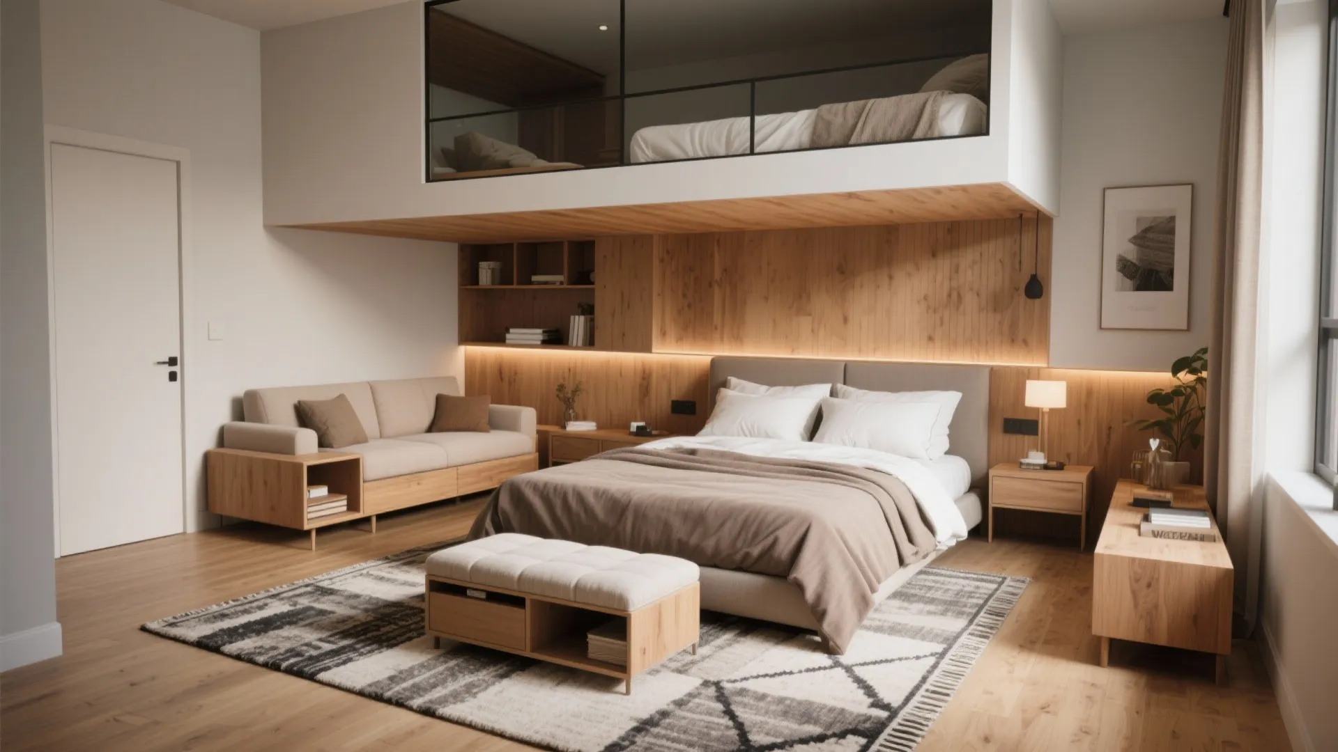 Spacious bedroom with patterned rug, comfortable sofa, wooden wall panel, bed, footrest, and upper level