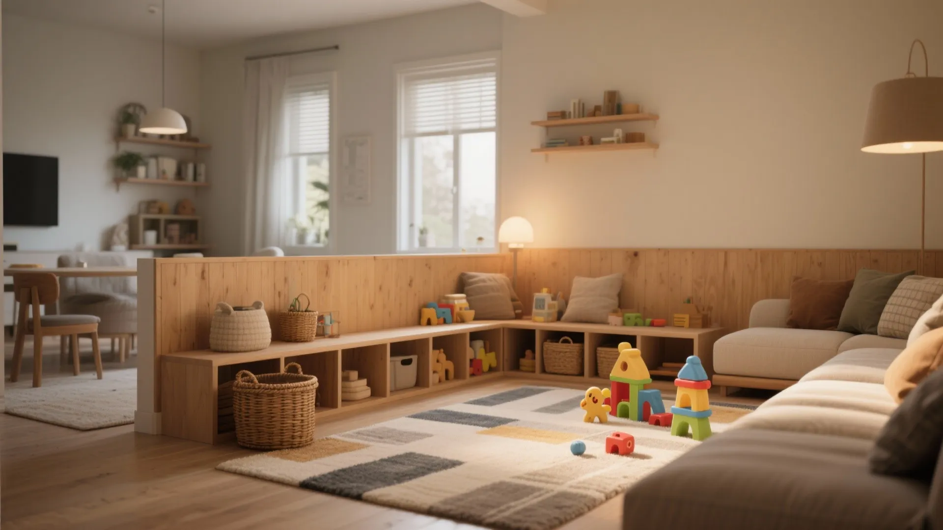 Child play area with wooden storage shelves colorful toy blocks patterned rug and soft natural light