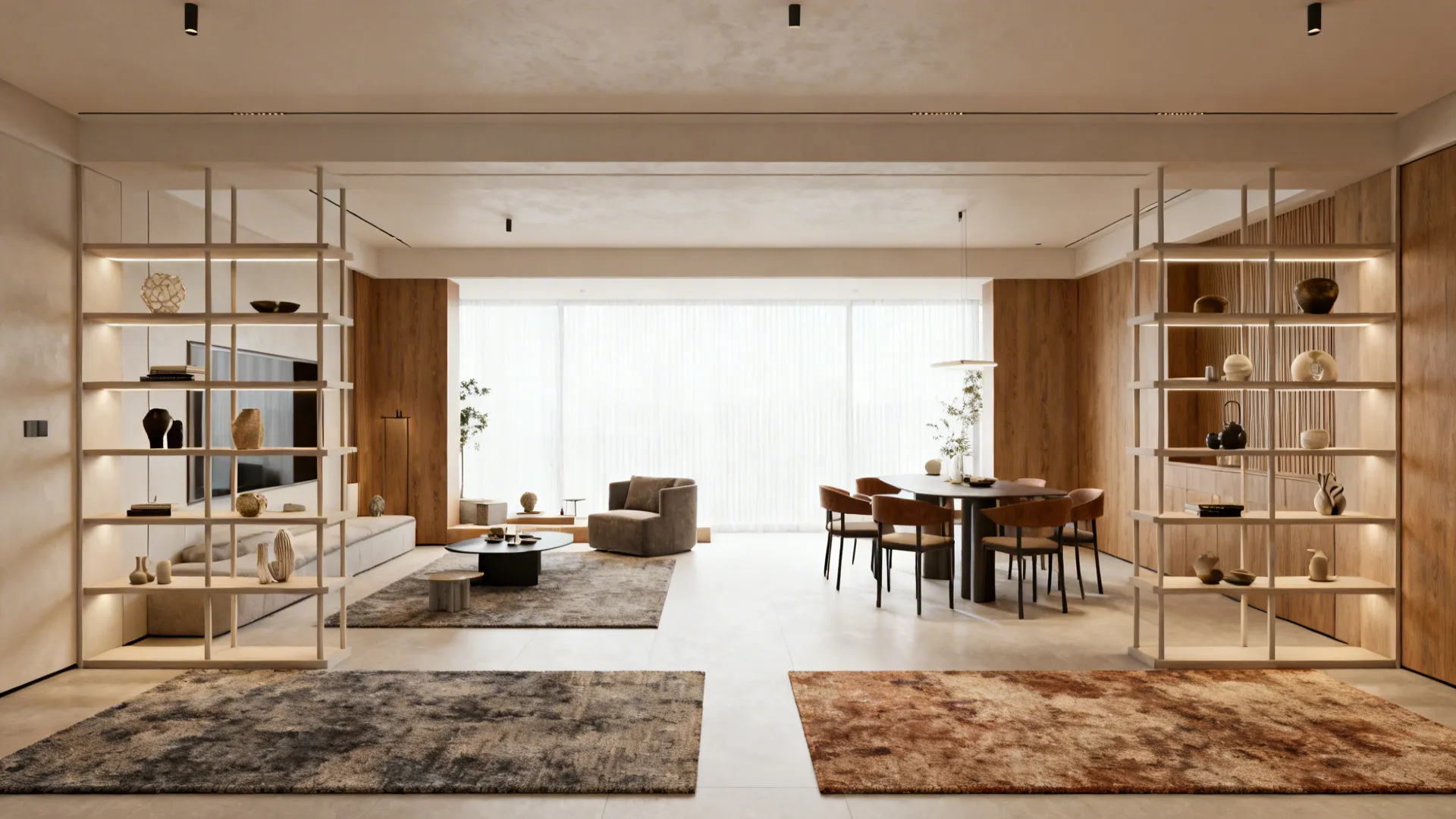 4. Zoning with rugs and open shelving