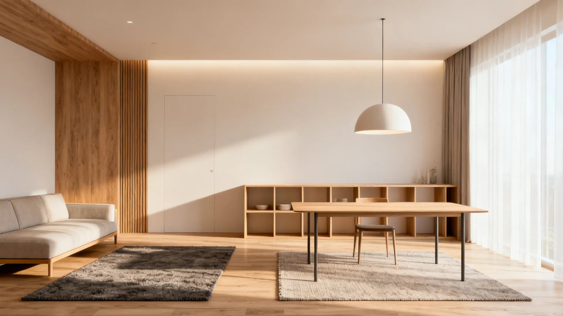 4. Zoning with rugs, lighting and low shelving