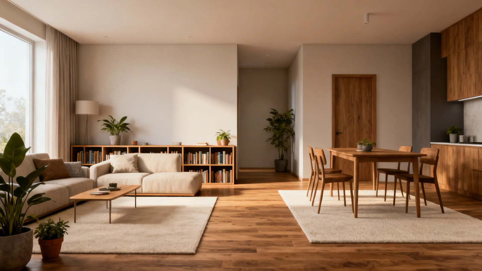 Small living room zoned by rugs and a slim low bookcase divider