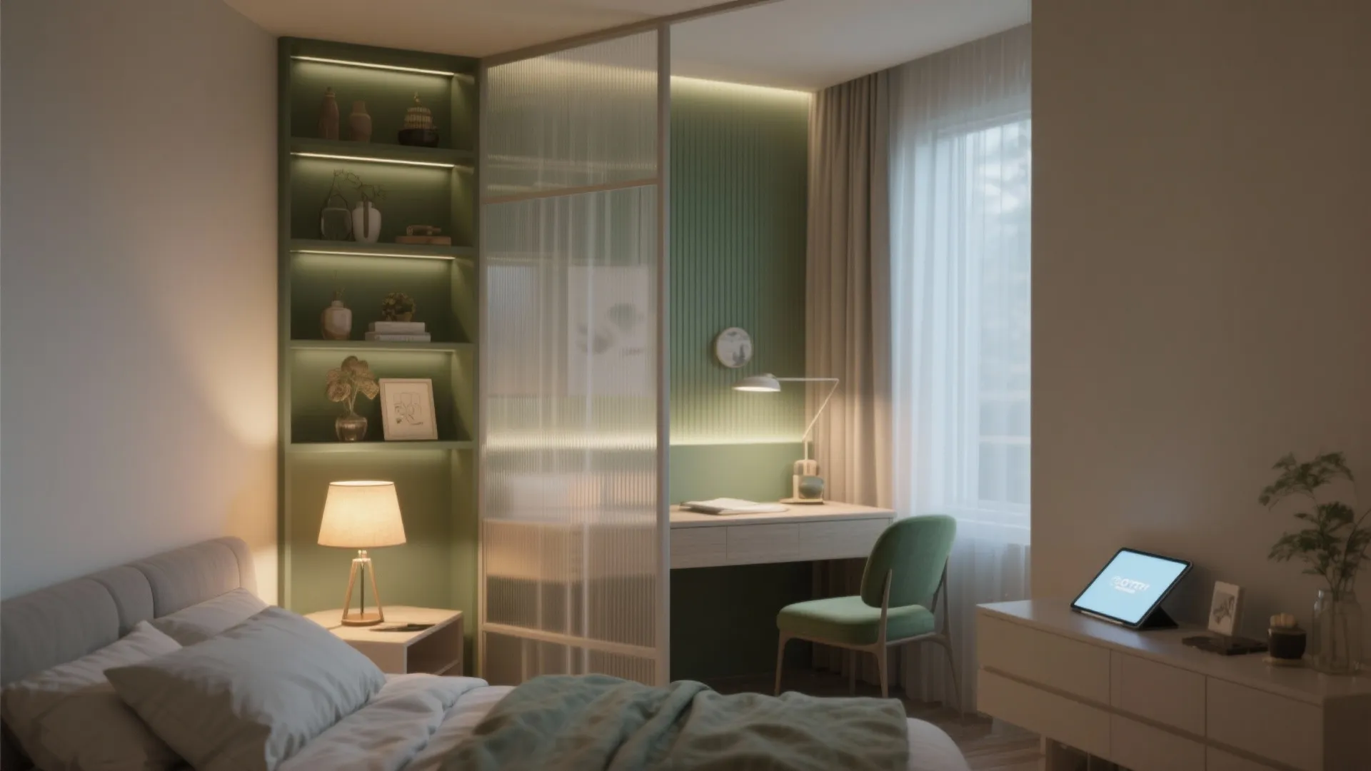 Bedroom with glass partition wall separating the sleeping area from a small home office desk