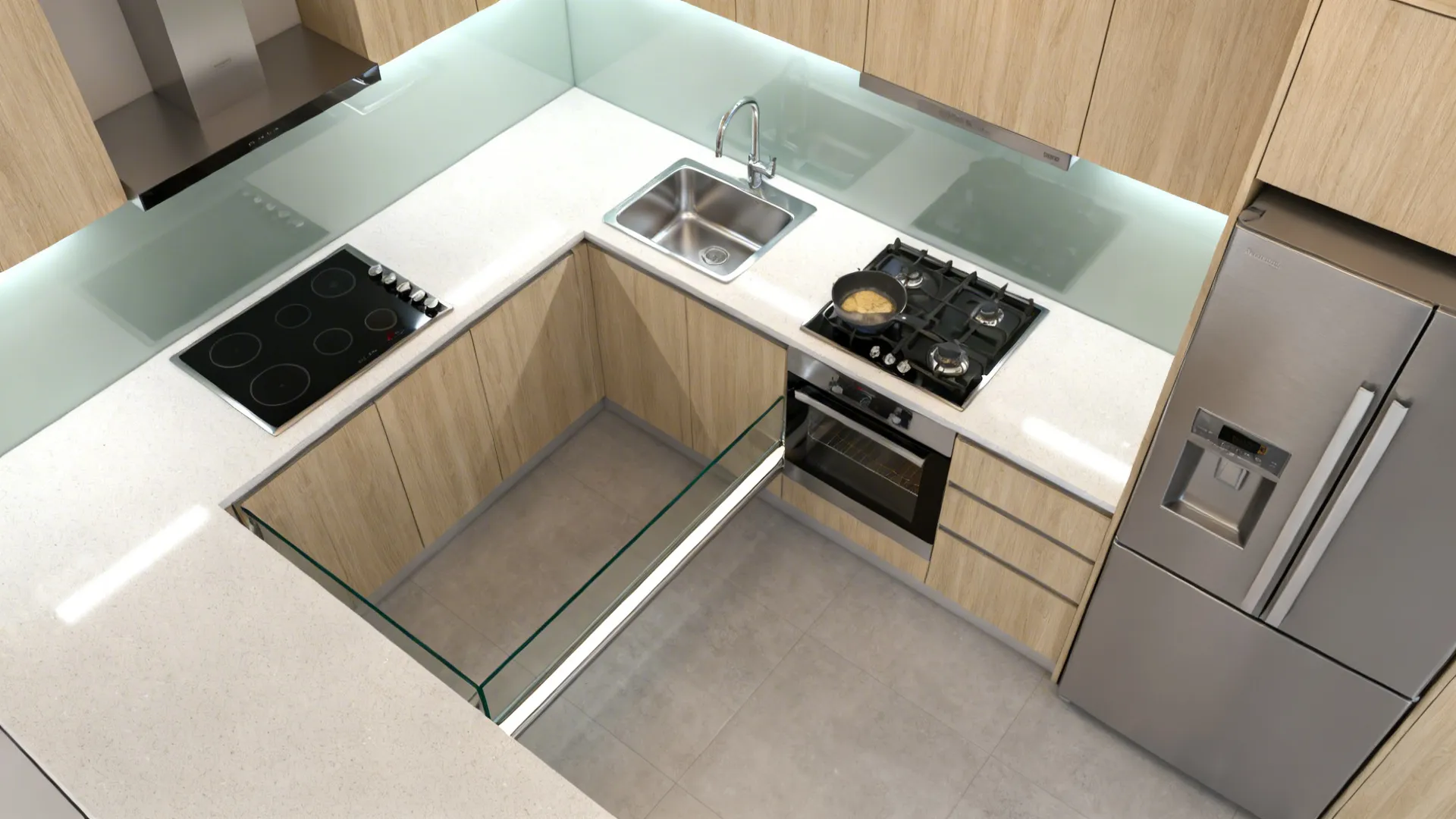 Top-down compact kitchen plan with SE hob, NE sink, West fridge, and a buffer divider between sink and hob.