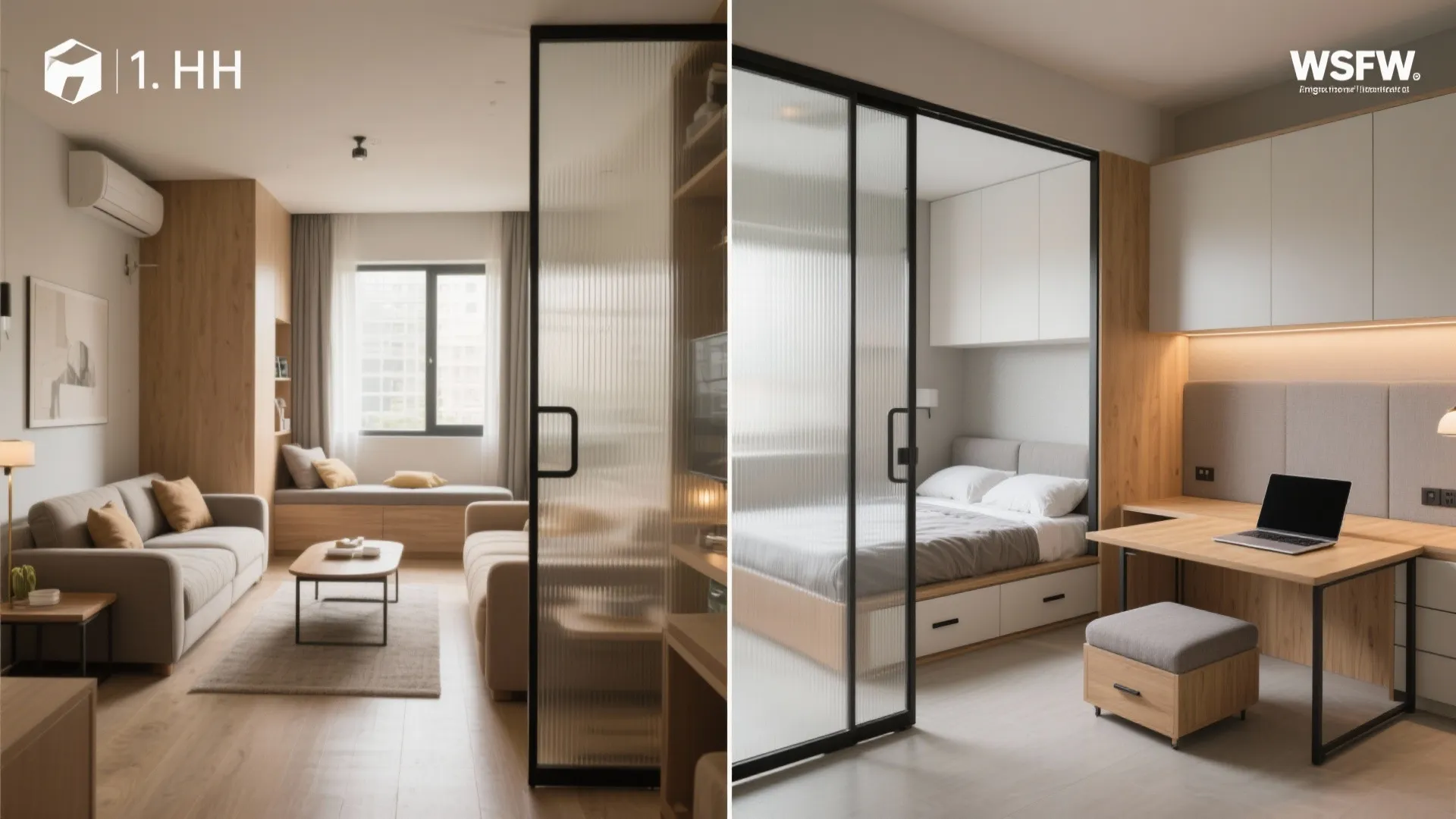 Interior design drawing showing split view of living area and bedroom separated by glass door