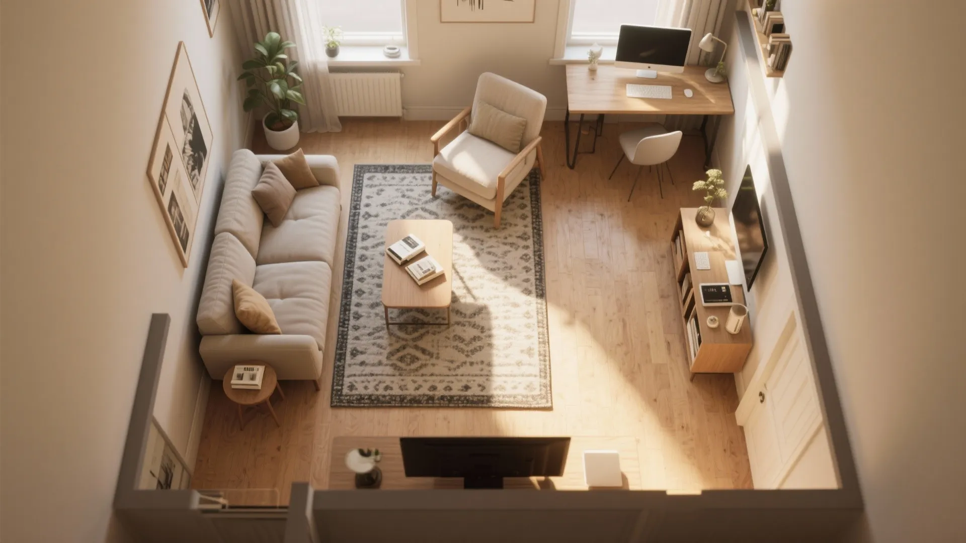 Top view interior design drawing of living room with sofa rug desk and wooden floor