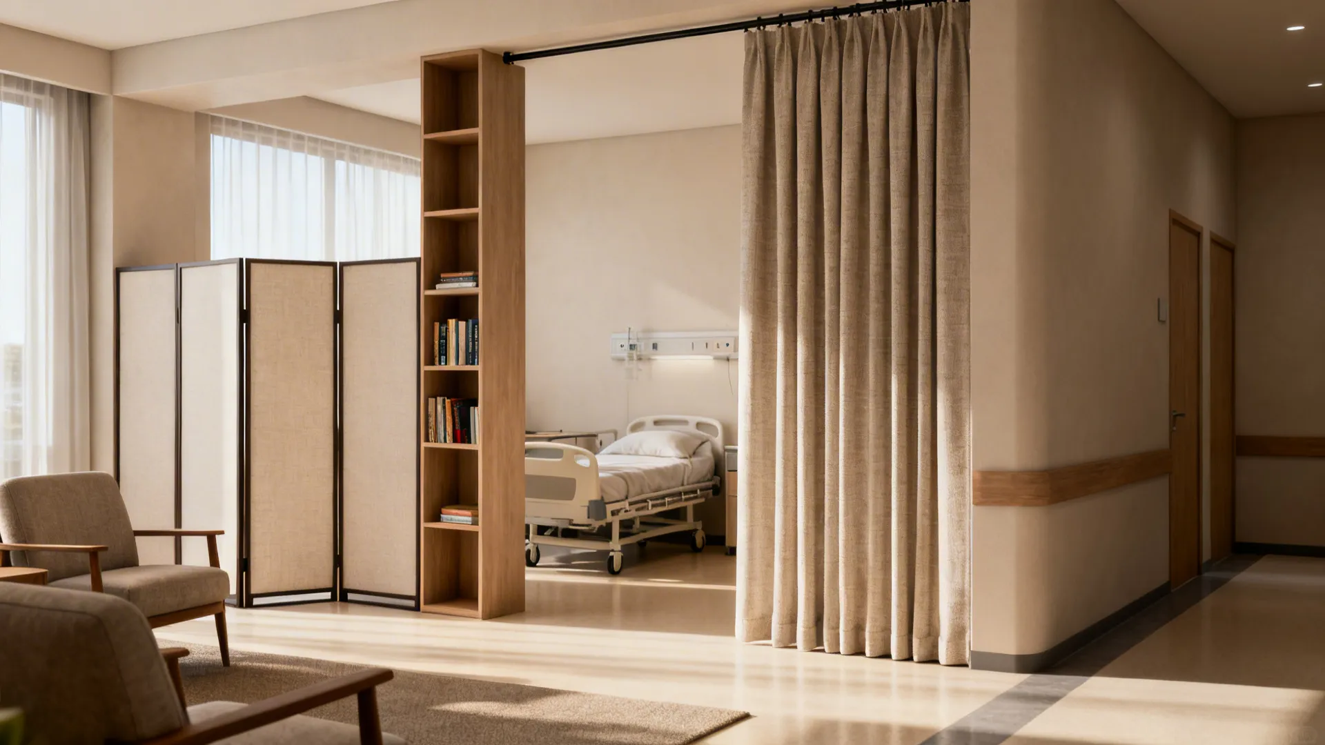 Living room with low-profile screens and a slim bookshelf partition creating separate rest and visitor zones.