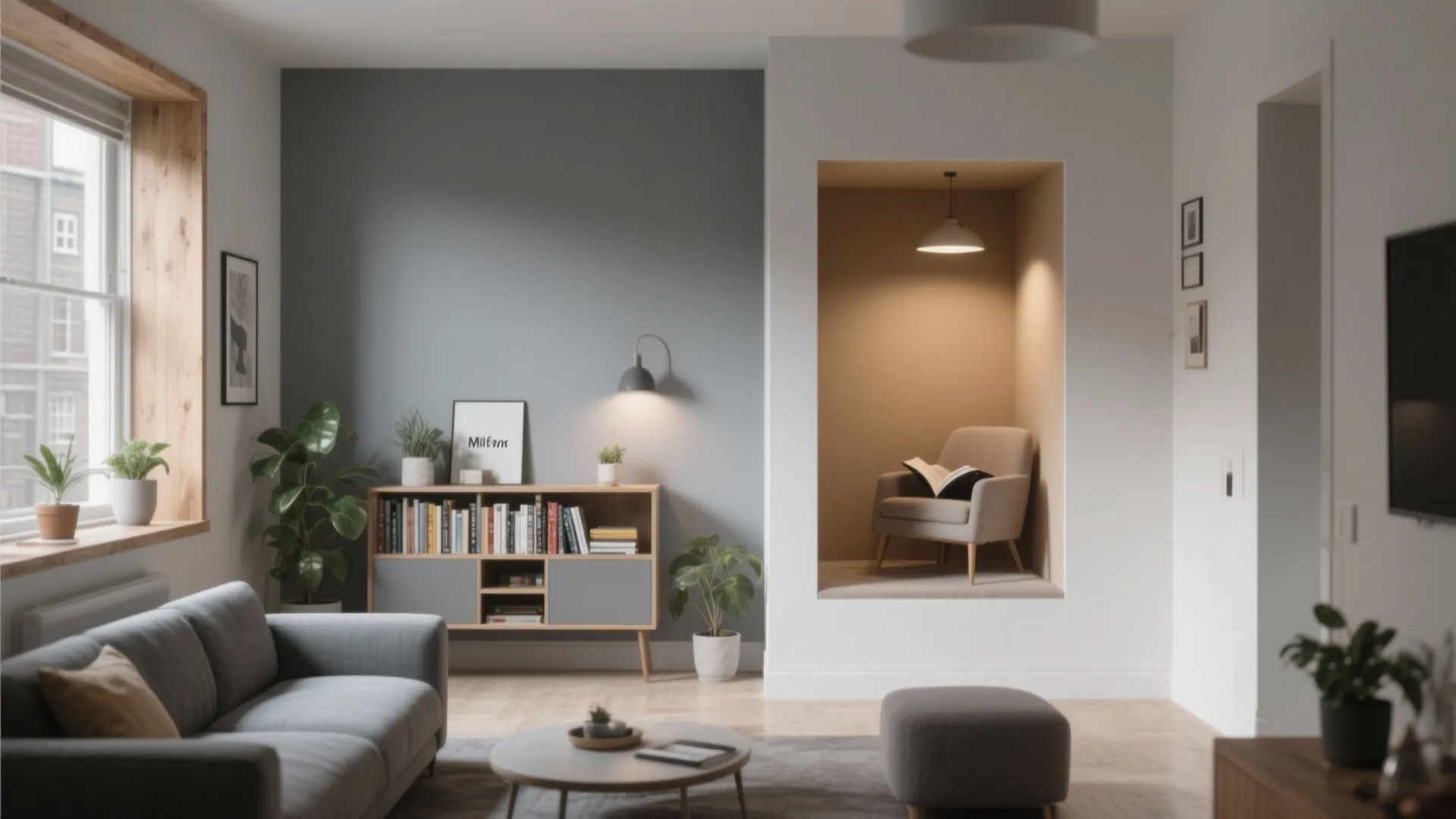 Small flat showing color zoning: soft gray living area and warmer reading nook to define spaces.