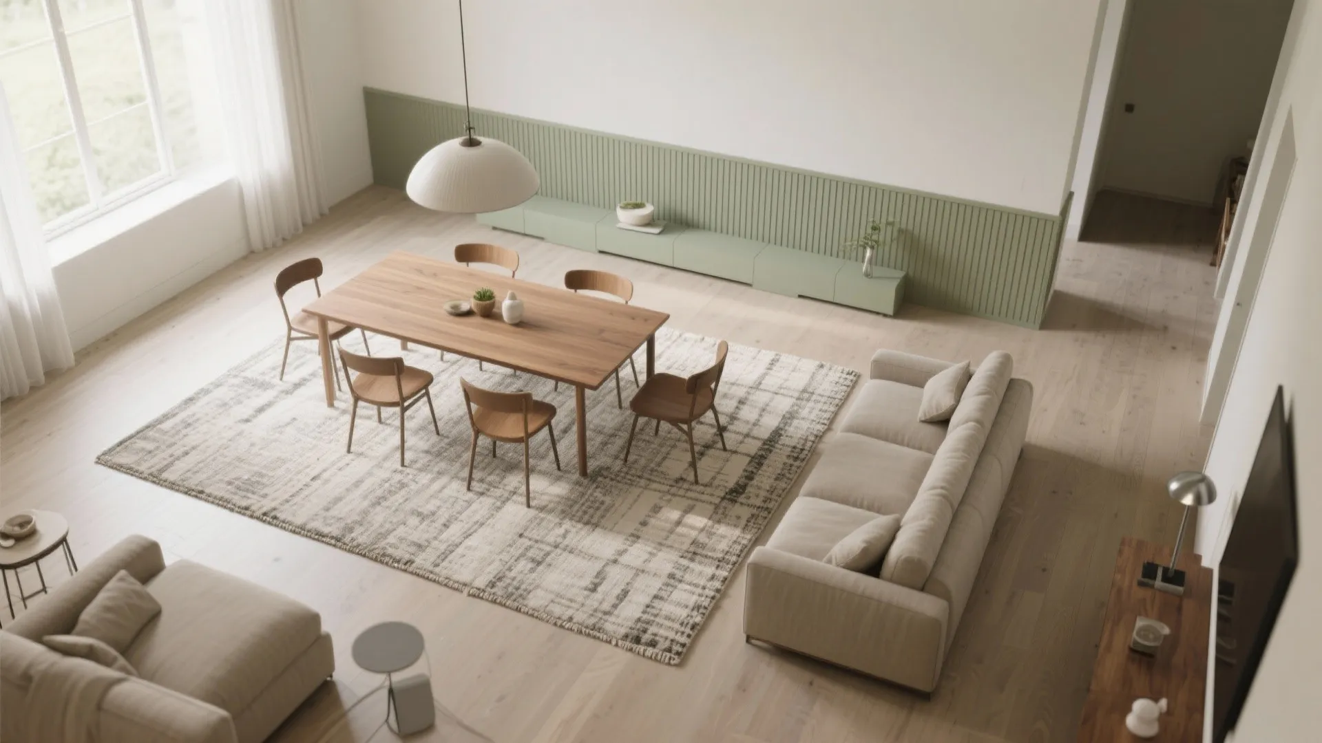 Idea 3: Zone with rugs, pendants, and color bands