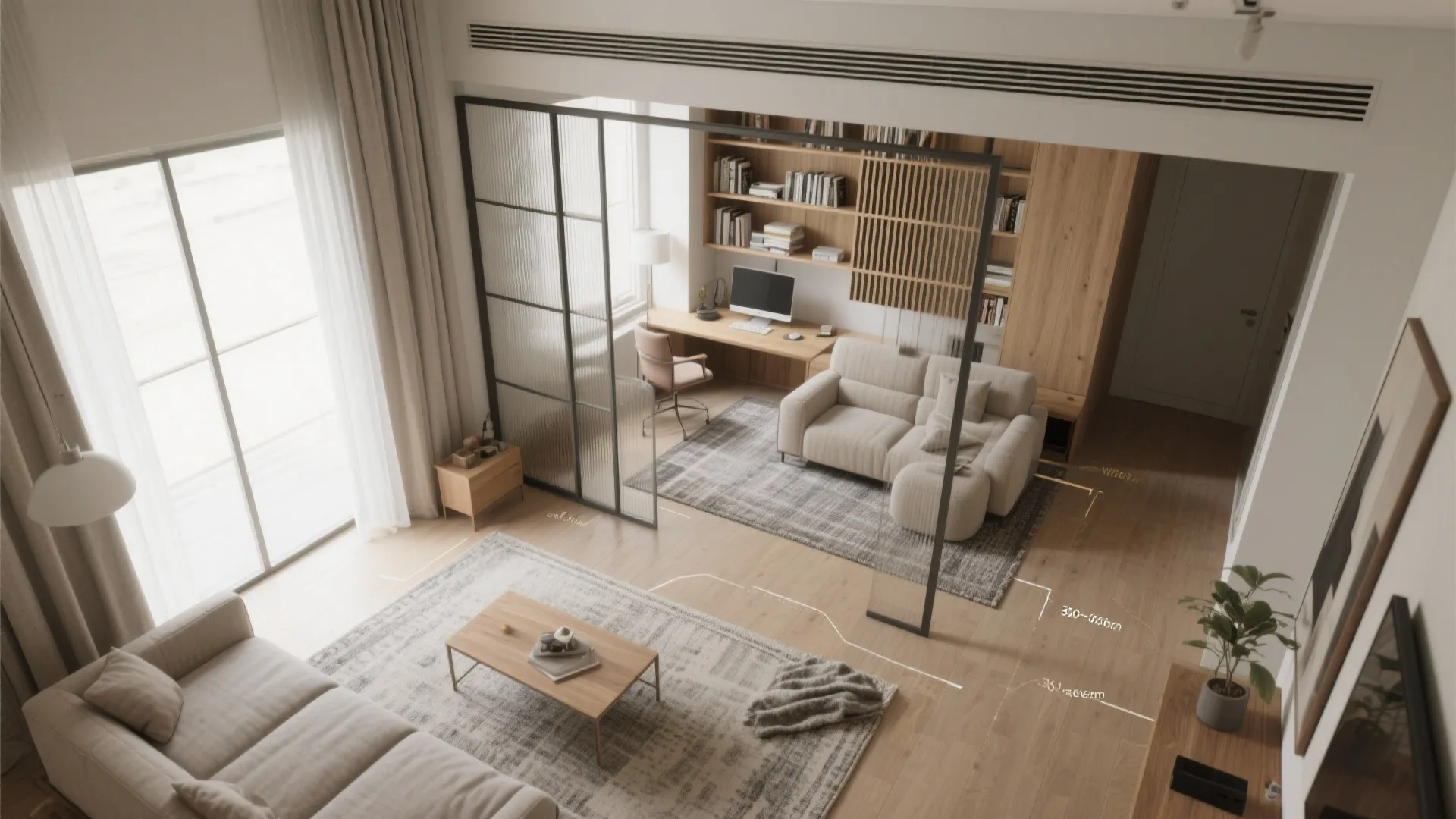 Modern apartment interior design drawing with glass room divider separating sofa and a home office