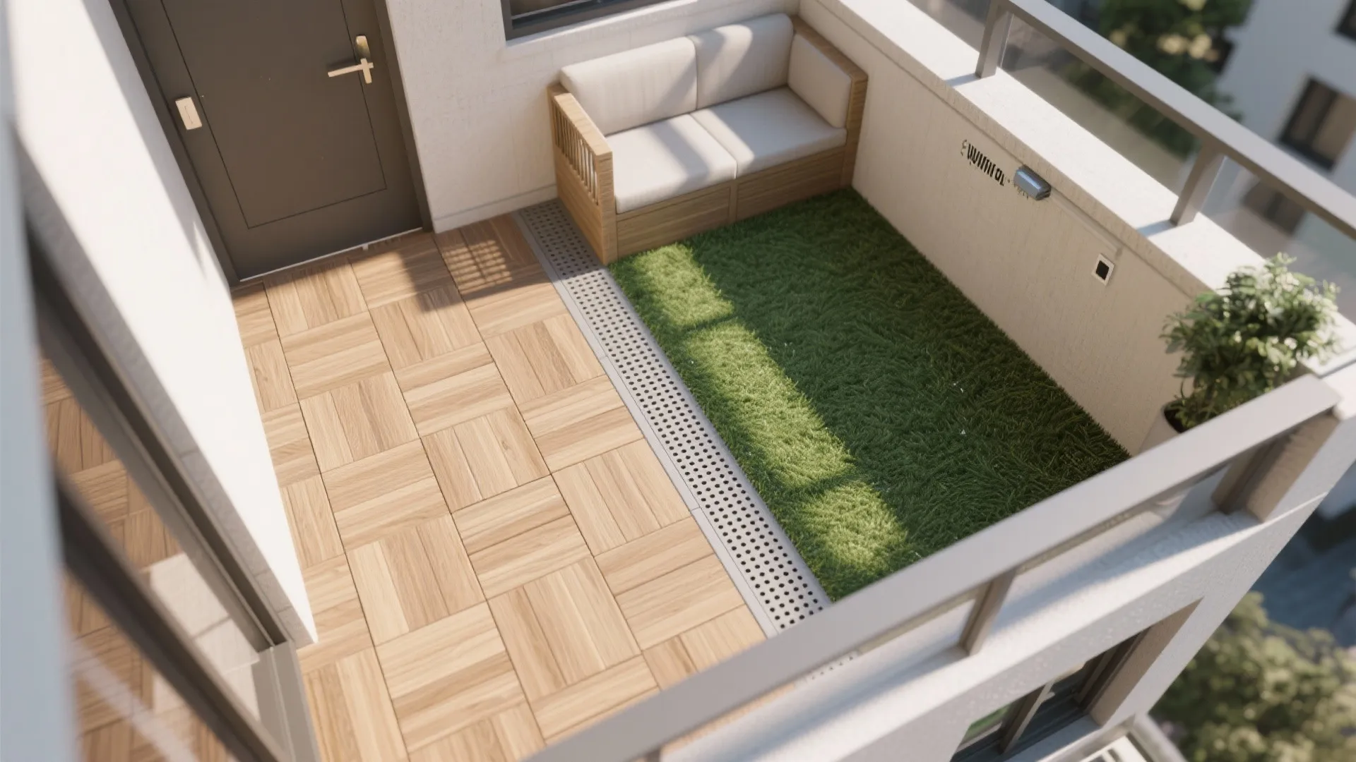 Green rug, wood walkway: zoned micro-layout