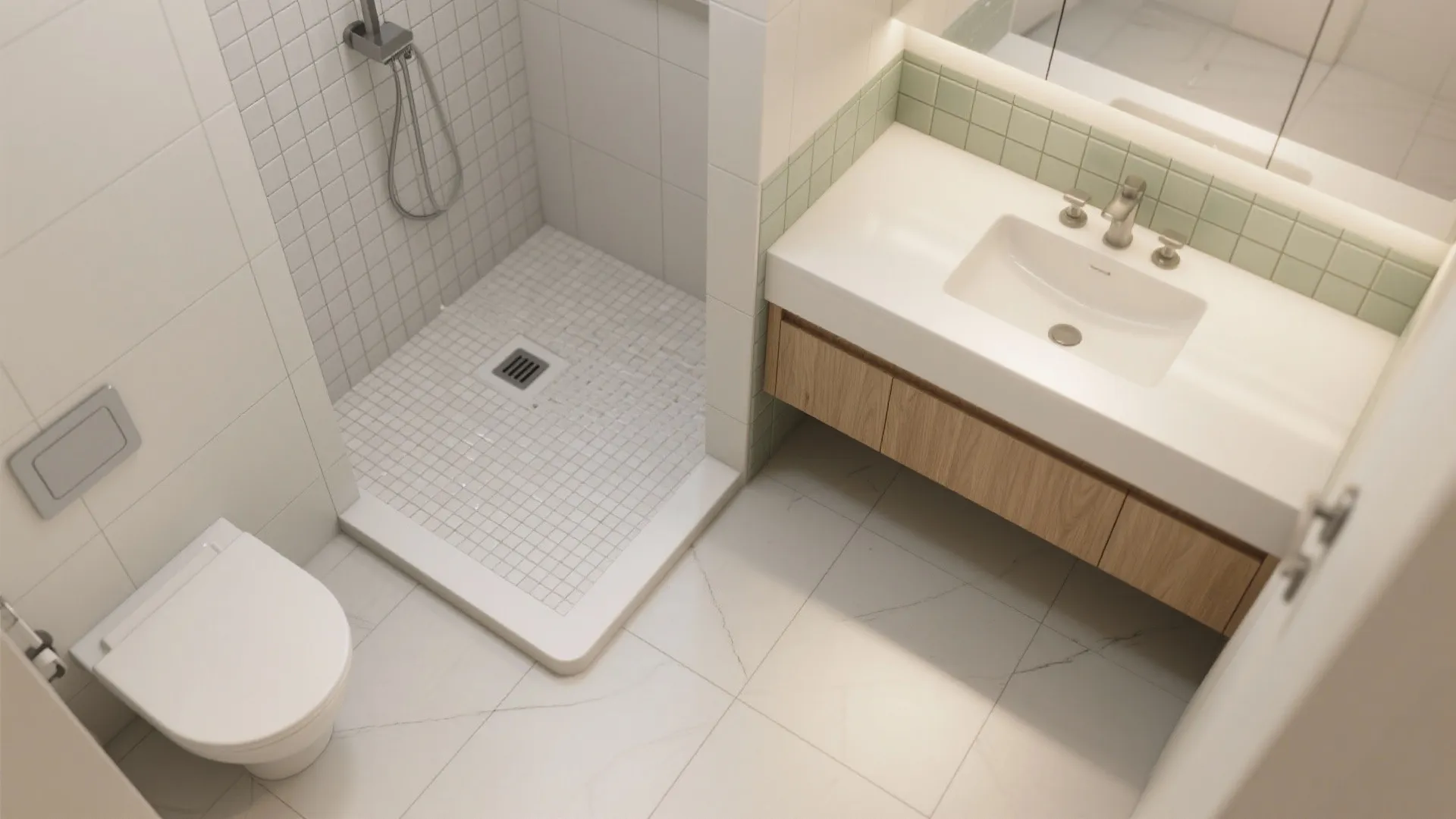 Overhead view showing high-grip mosaic in shower, matte tile outside, linear drain, and contrast band by vanity.