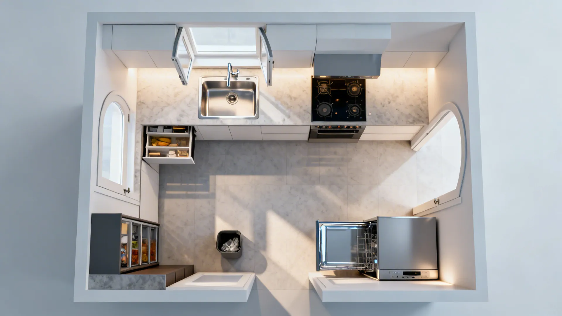 Top-down layout of a 10x7 kitchen highlighting prep, cook, and cleanup zones and clearances.