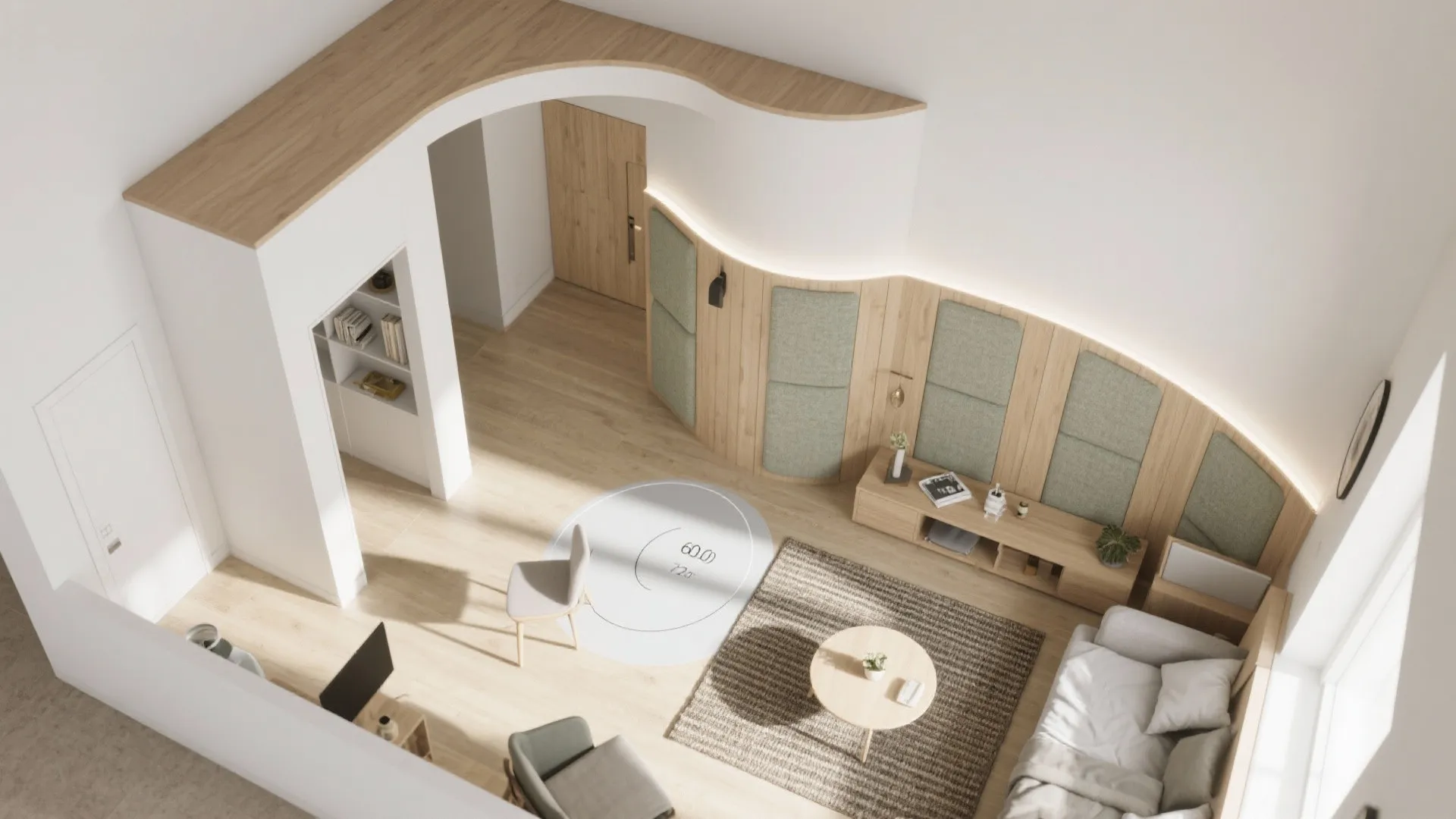 Interior design drawing from top view showing living room layout with sofa rug and wood floor