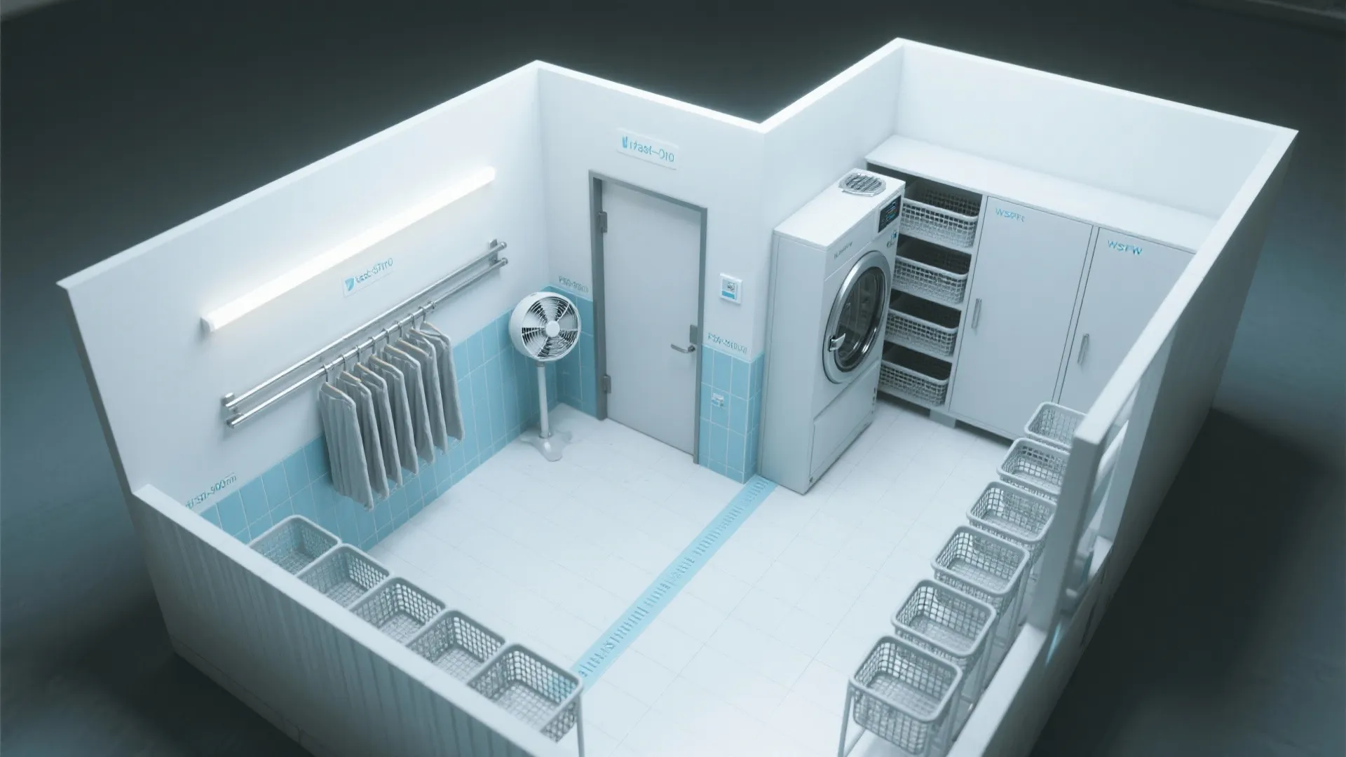 Top view of a laundry room layout with washing machine, clothes baskets, and blue wall tiles