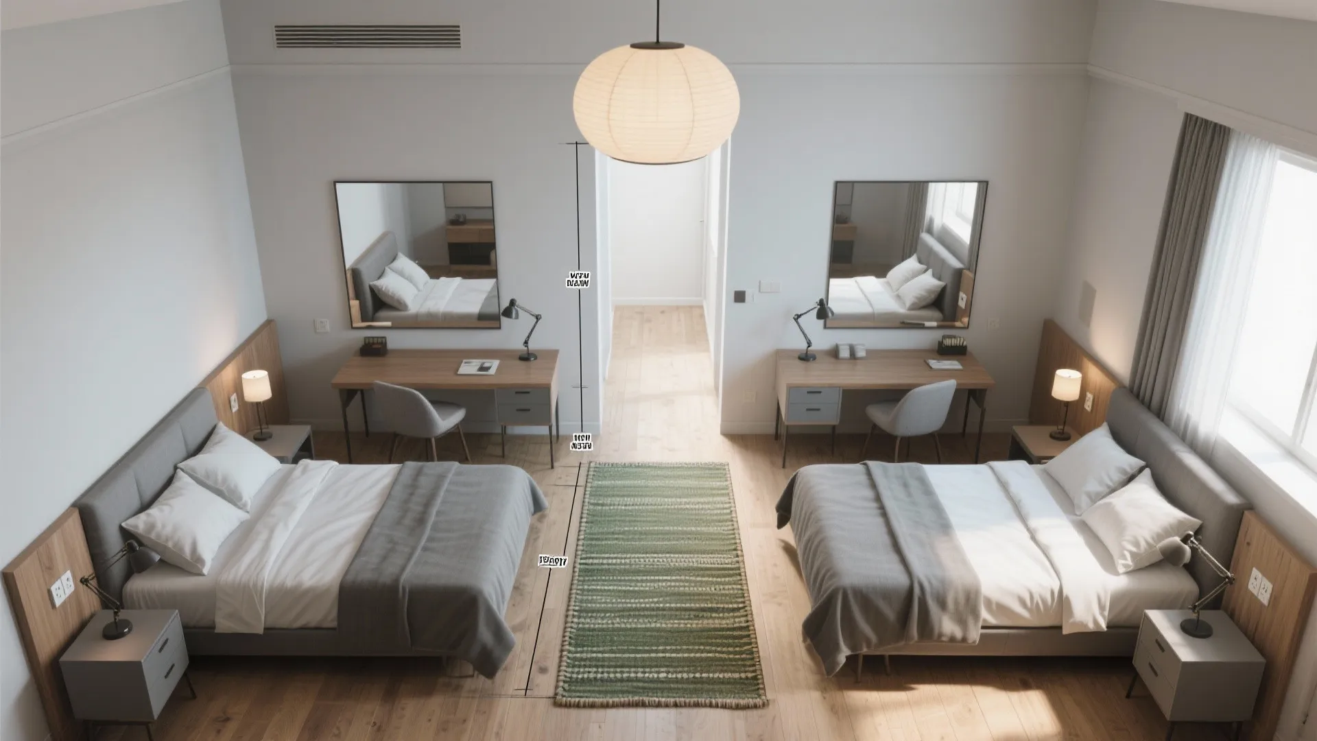 Top down interior design drawing of a symmetrical bedroom with two beds and ceiling light