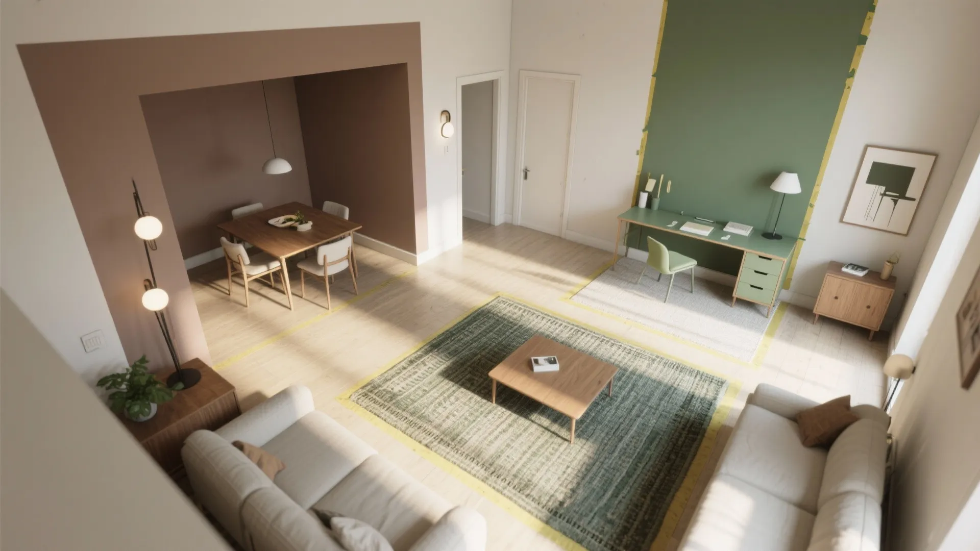 Open plan room layout with dining area, home office desk, green rug, and white sofas