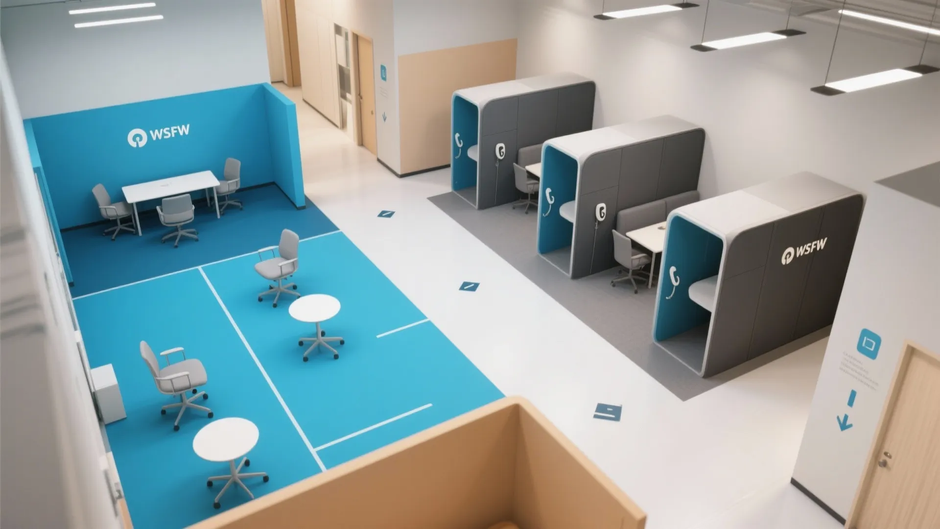 Modern office layout with blue floor zones white tables grey chairs and private work booths