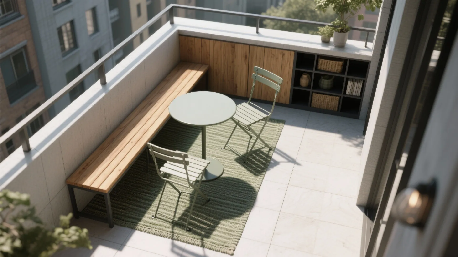 Compact Lounge Zoning: Bench Storage + Bistro Set