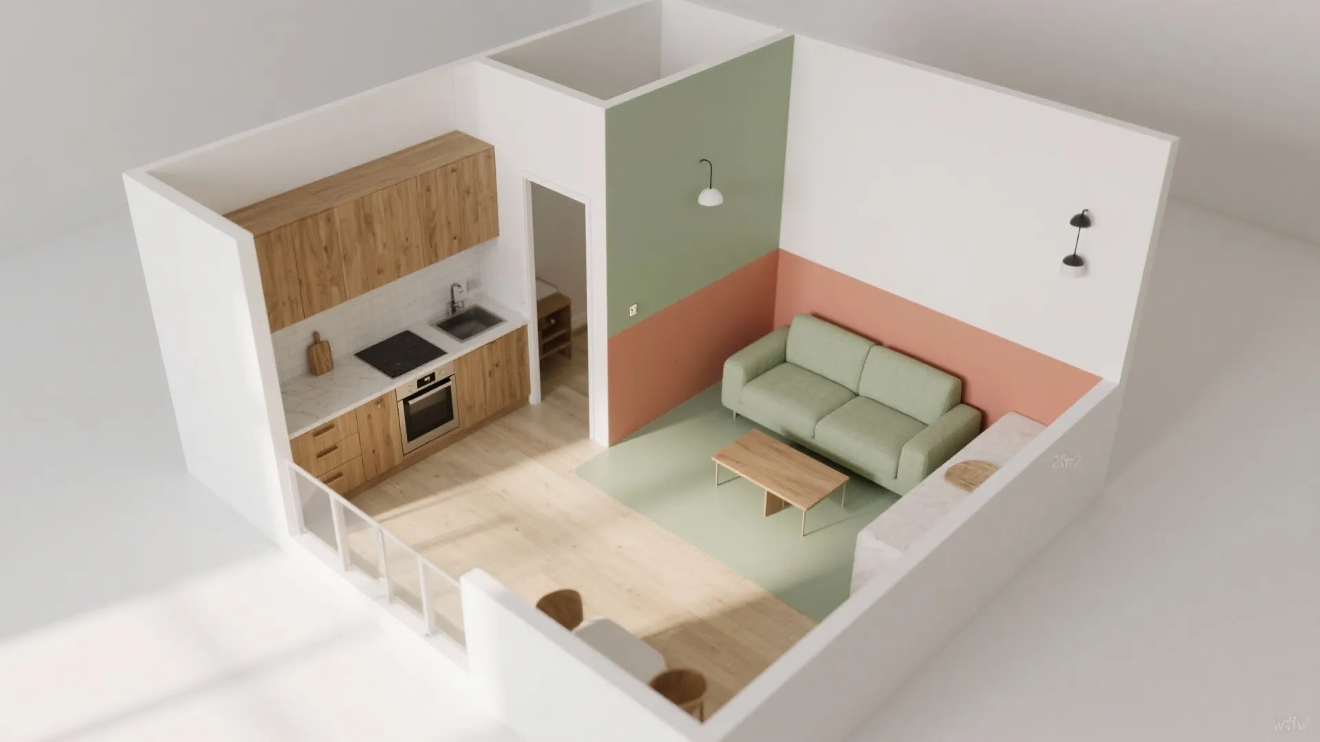 Top-down interior design drawing showing a small studio apartment layout with kitchen and living area