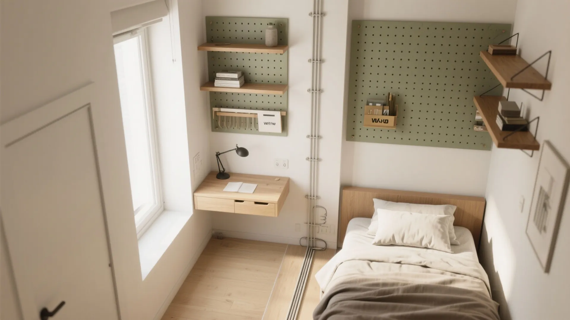 Top view of a small bedroom featuring a floating desk green wall panels and shelving