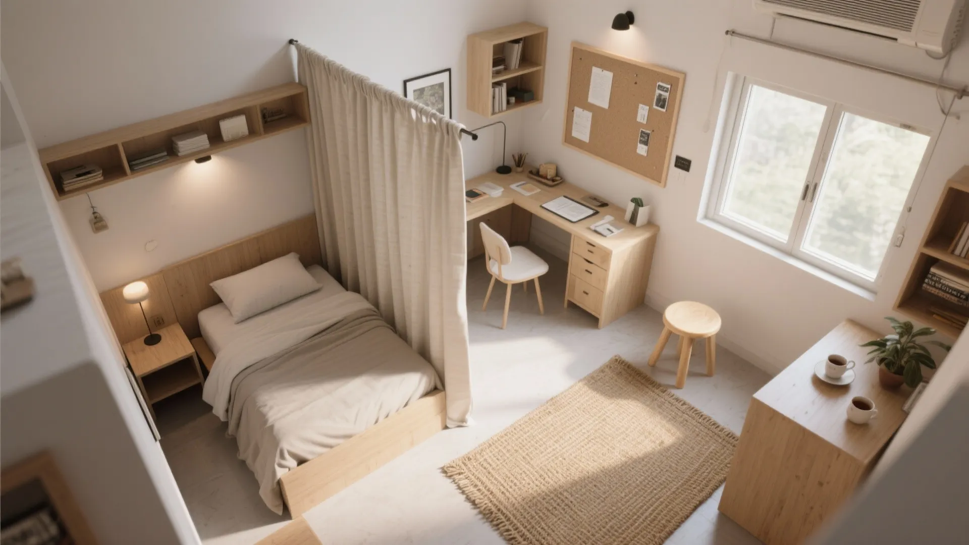 Smart zoning: bed, study, and chai corner