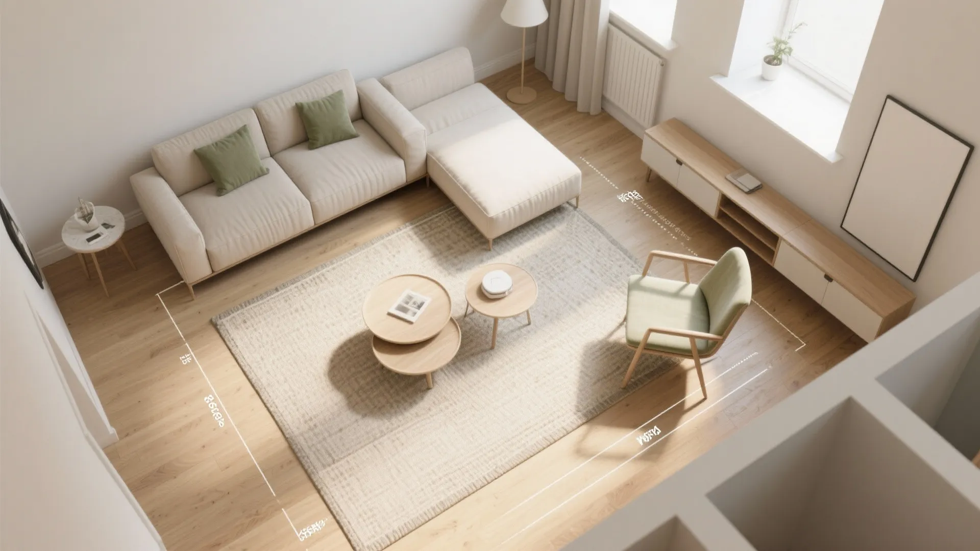 Top down view living room layout with sofa rug coffee tables chair and white measurement lines