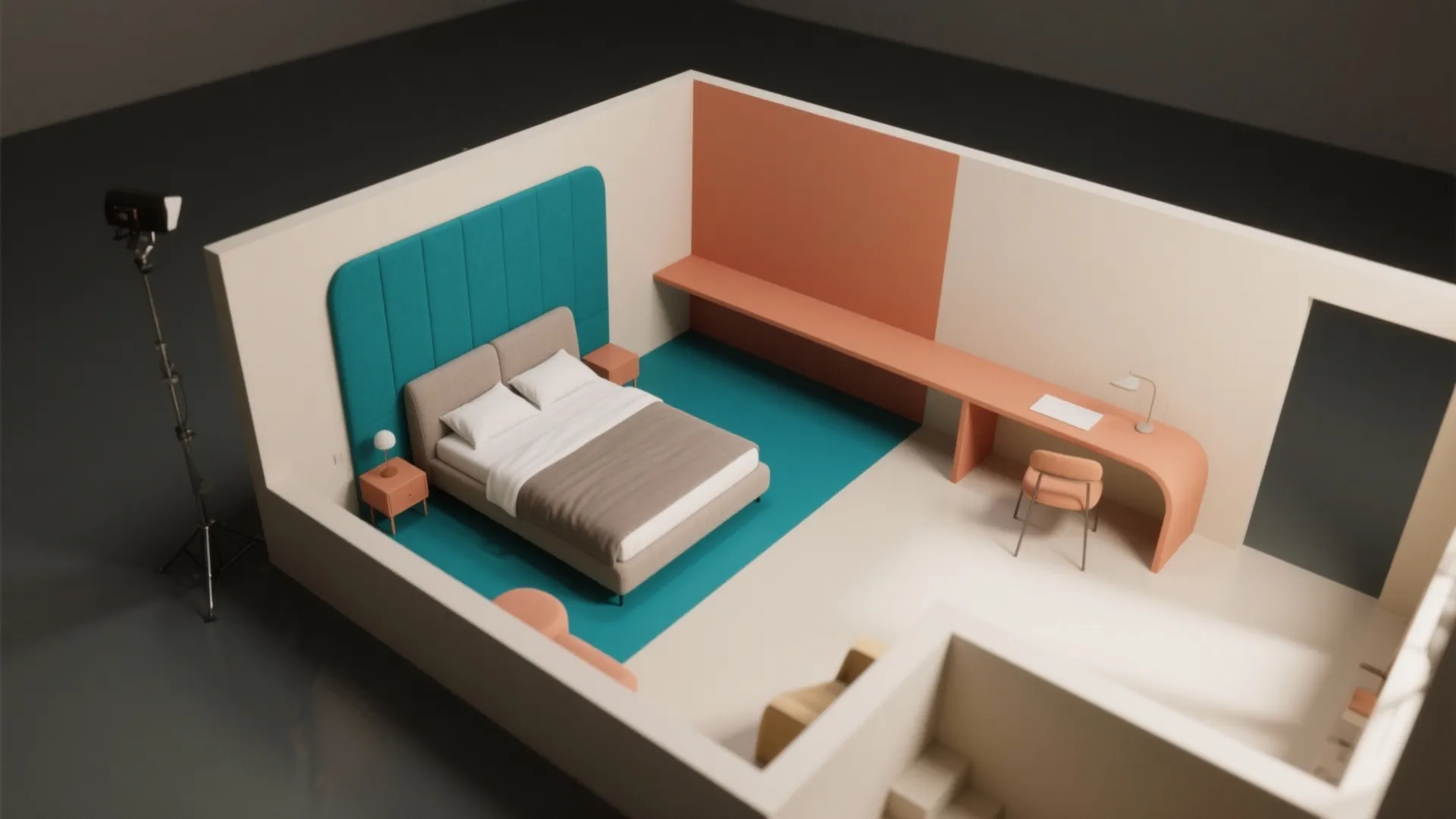 Modern bedroom interior design drawing with blue bed headboard orange desk and beige wall layout