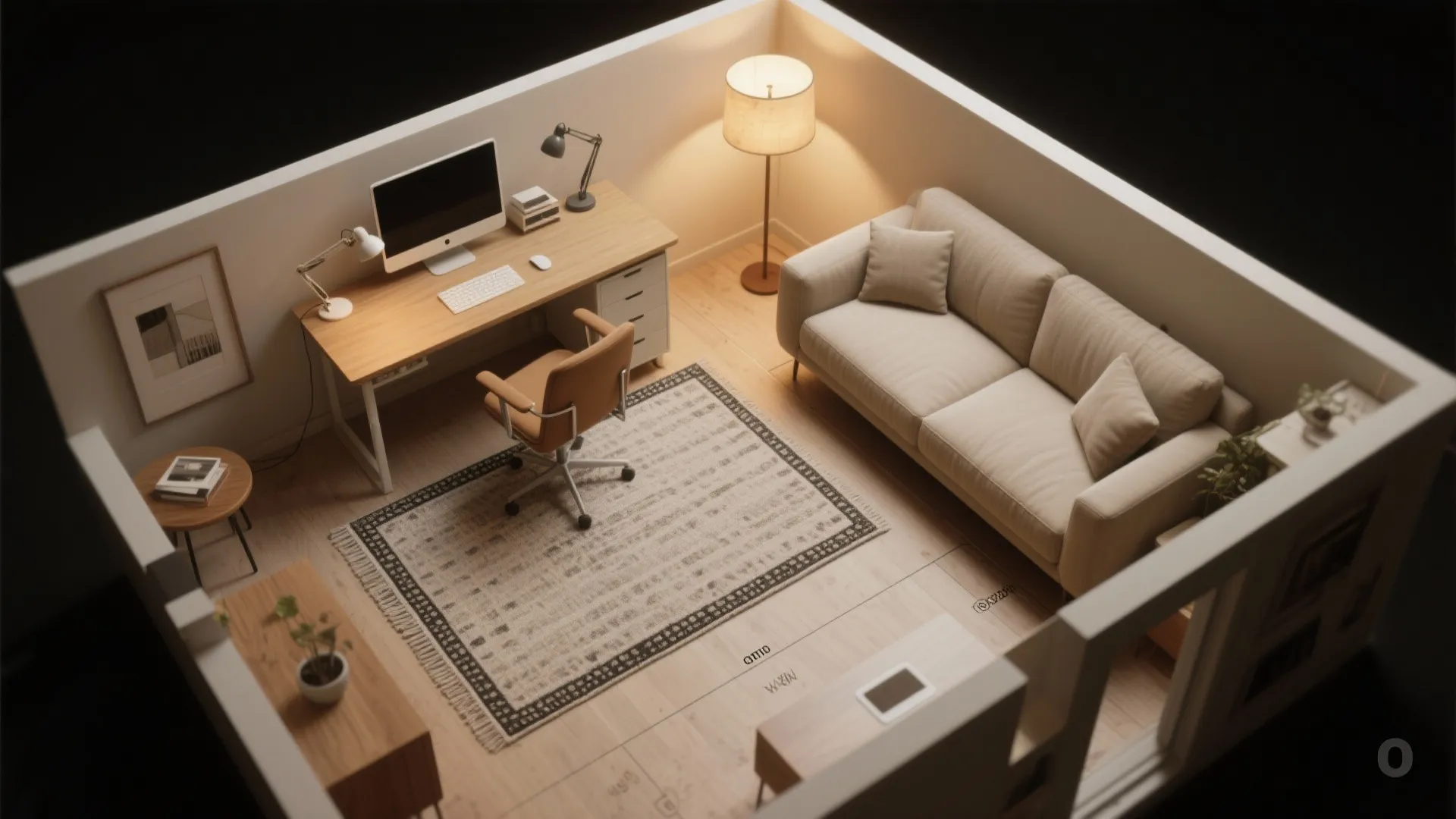 Top-down layout mockup showing rugs and lighting creating distinct work and sleep zones in a small room.