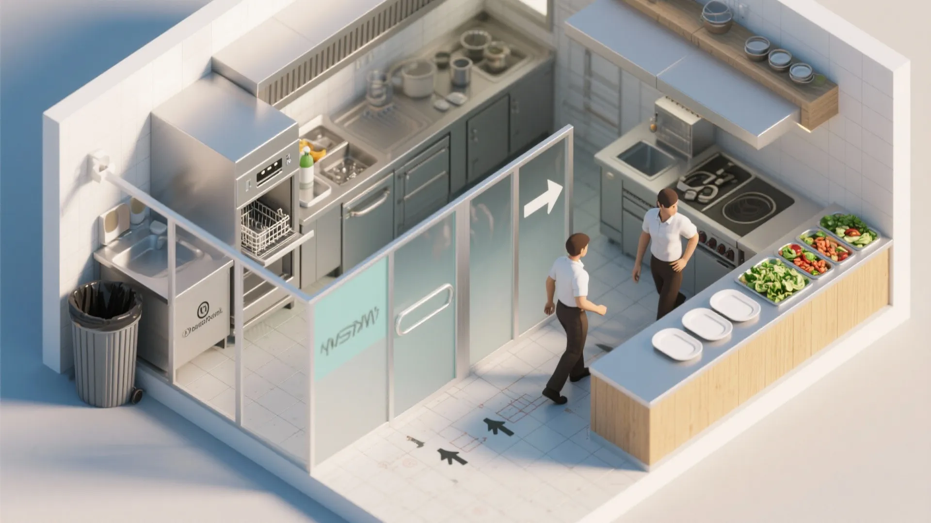 Top-down photorealistic view showing clean and dirty zones with flow arrows in a compact kitchen.