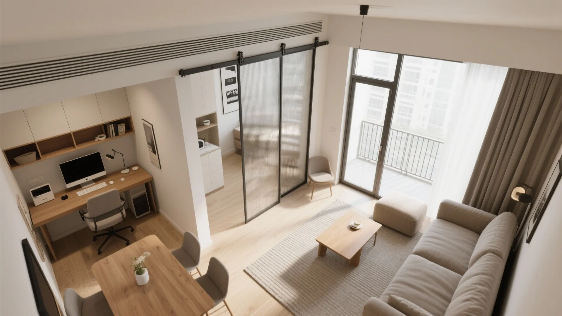 Open-Plan Living With a Sliding Partition (Work, Dine, Relax)