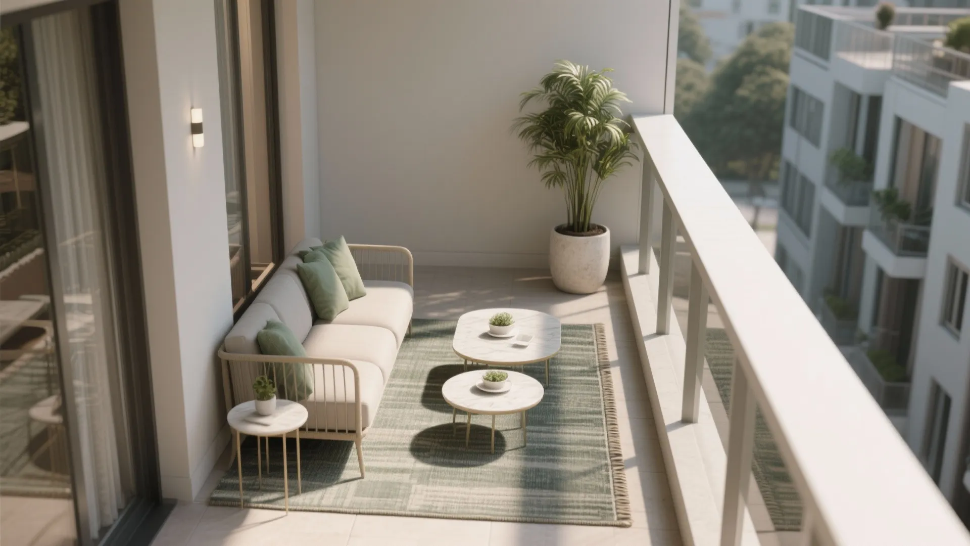Modern balcony with beige sofa green pillows small coffee tables green rug and large plant