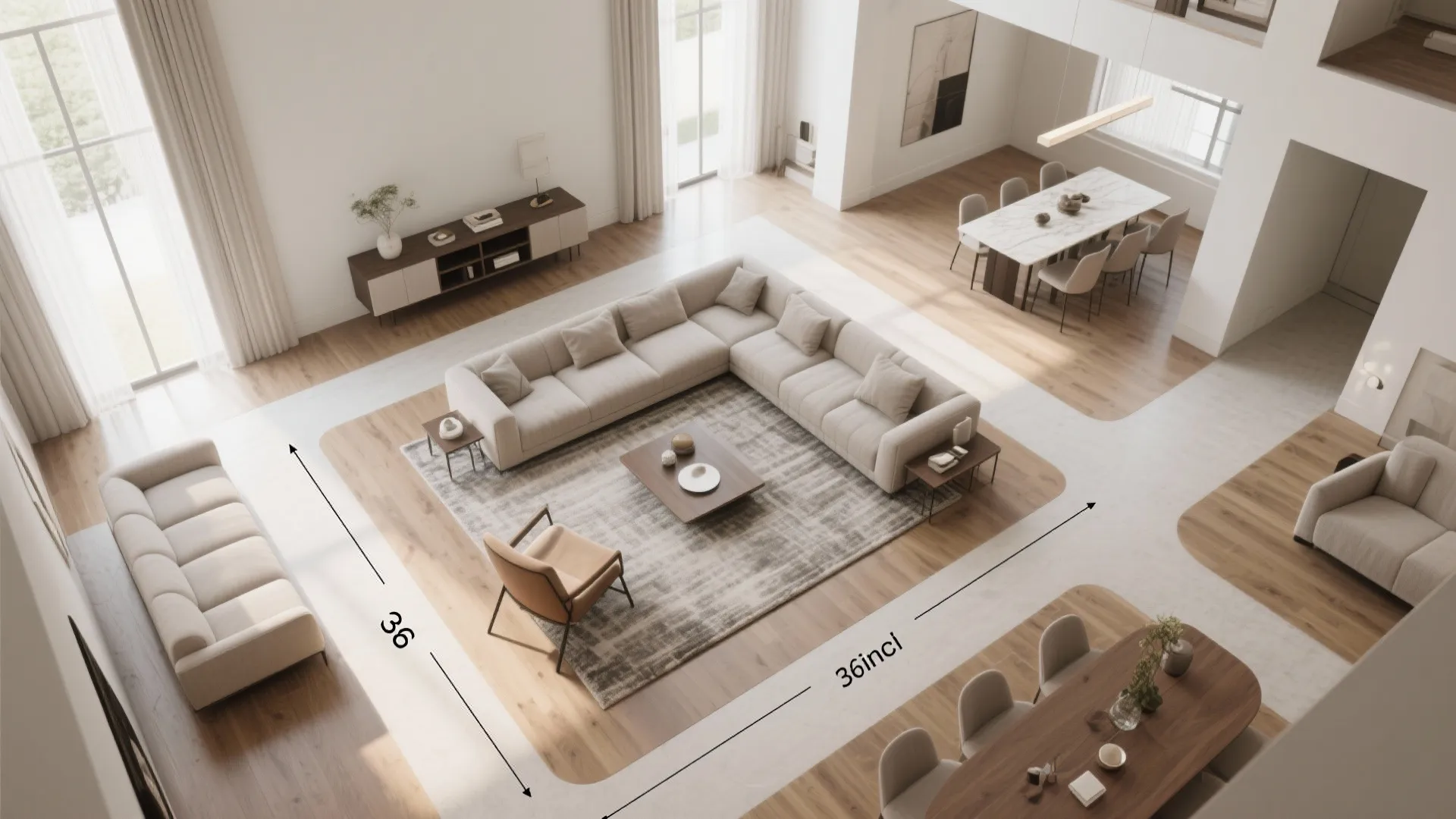 High angle interior design drawing showing open floor plan layout with sofa and dining tables