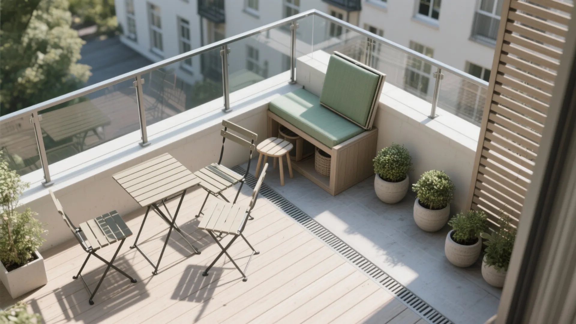 Modern apartment balcony featuring a wooden table chairs green seat cushions and several small potted plants