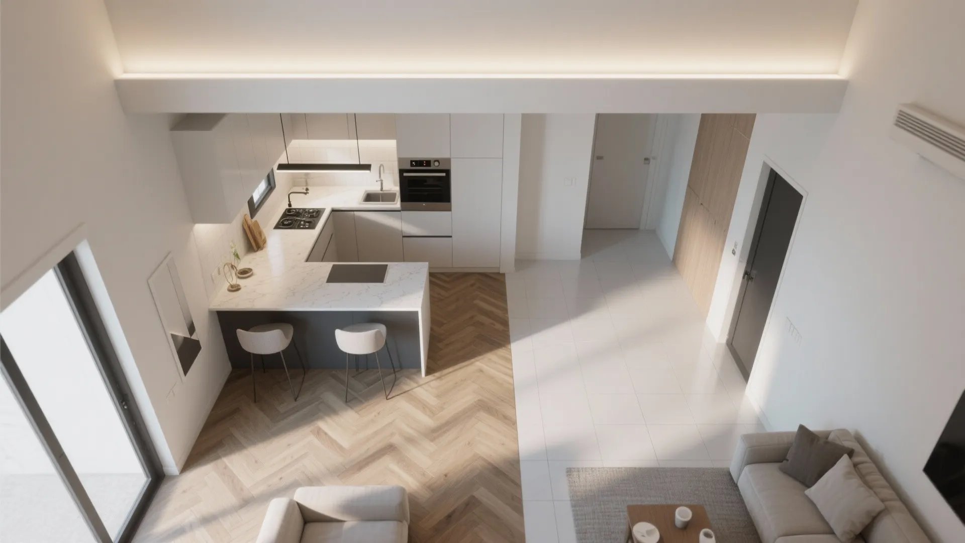 Ceiling Soffit + Flooring Transition (Soft Partition)