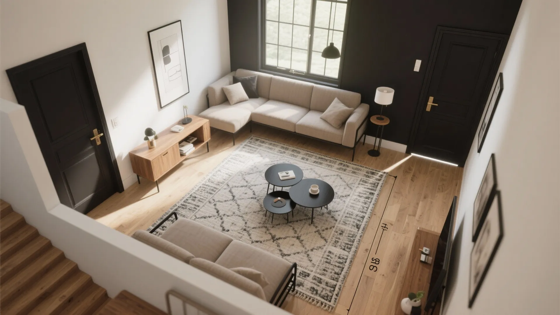Top view interior design drawing of living room with beige sofa rug and wooden floor boards